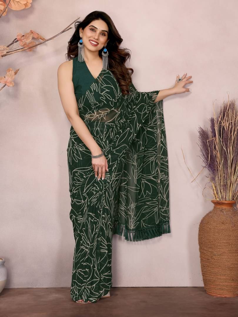     			Shree Sai Enterprise Georgette Printed Regular Saree With Stitched Blouse ( Green )