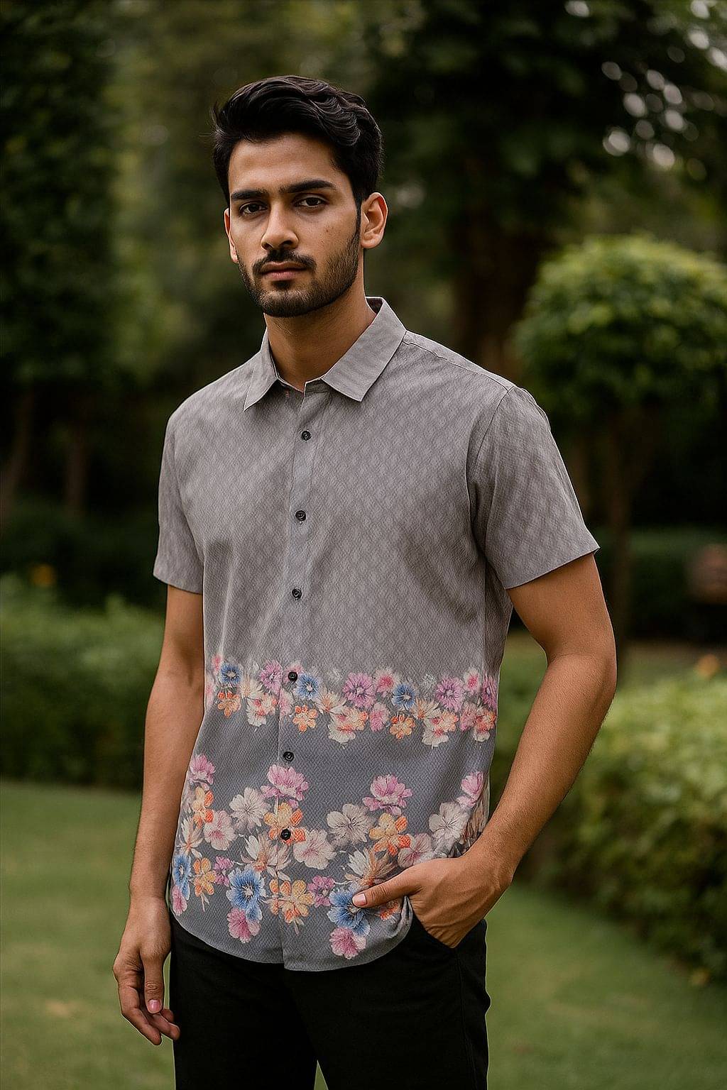     			VS MALL Cotton Blend Regular Fit Self Design Half Sleeves Men's Casual Shirt - Grey ( Pack of 1 )