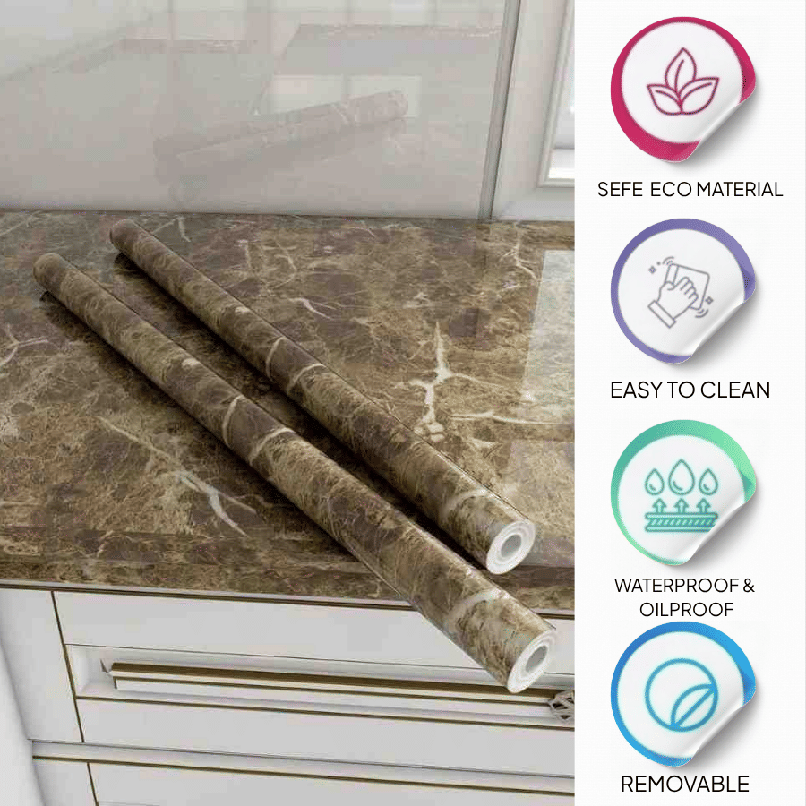     			ZAPPYUPOP Brown Marble Self Adhesive Wallpaper Roll – Peel and Stick Contact Paper for Kitchen Countertops, Furniture, Walls – Waterproof, Oilproof, Easy to Clean, Removable – Safe Eco Material – 60cm x 200cm