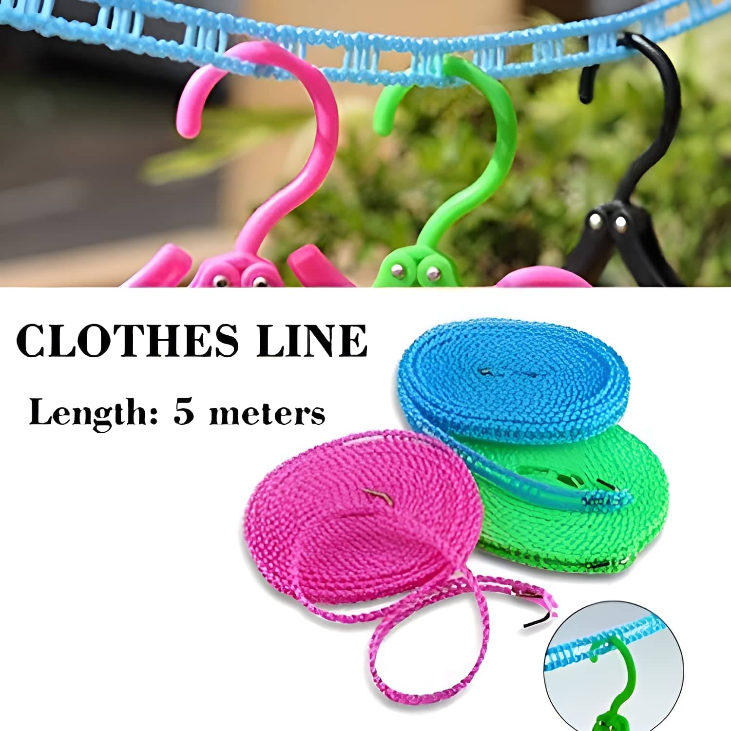    			pack of 3 Anti-Slip Clothes Dryi ng Nylon Rope with Hooks – Portable Laundry Line for Home, Travel & Camping – Adjustable Length, Fence-Style Design, Durable & Easy Setup(5 Meter)