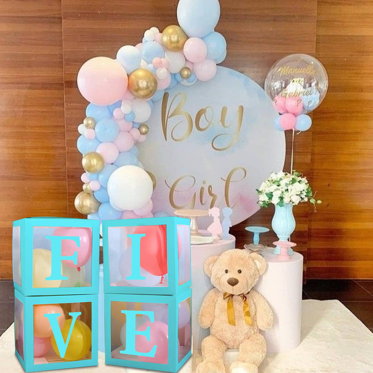     			Bubble Bells Blue 5th Birthday Decoration Balloon Boxes For Five Birthday Transparent Alphabet Balloon Boxes for Baby Shower, Girl & Boy Birthday Party | Birthday Background Decoration Kit - Set of 4 Boxes"