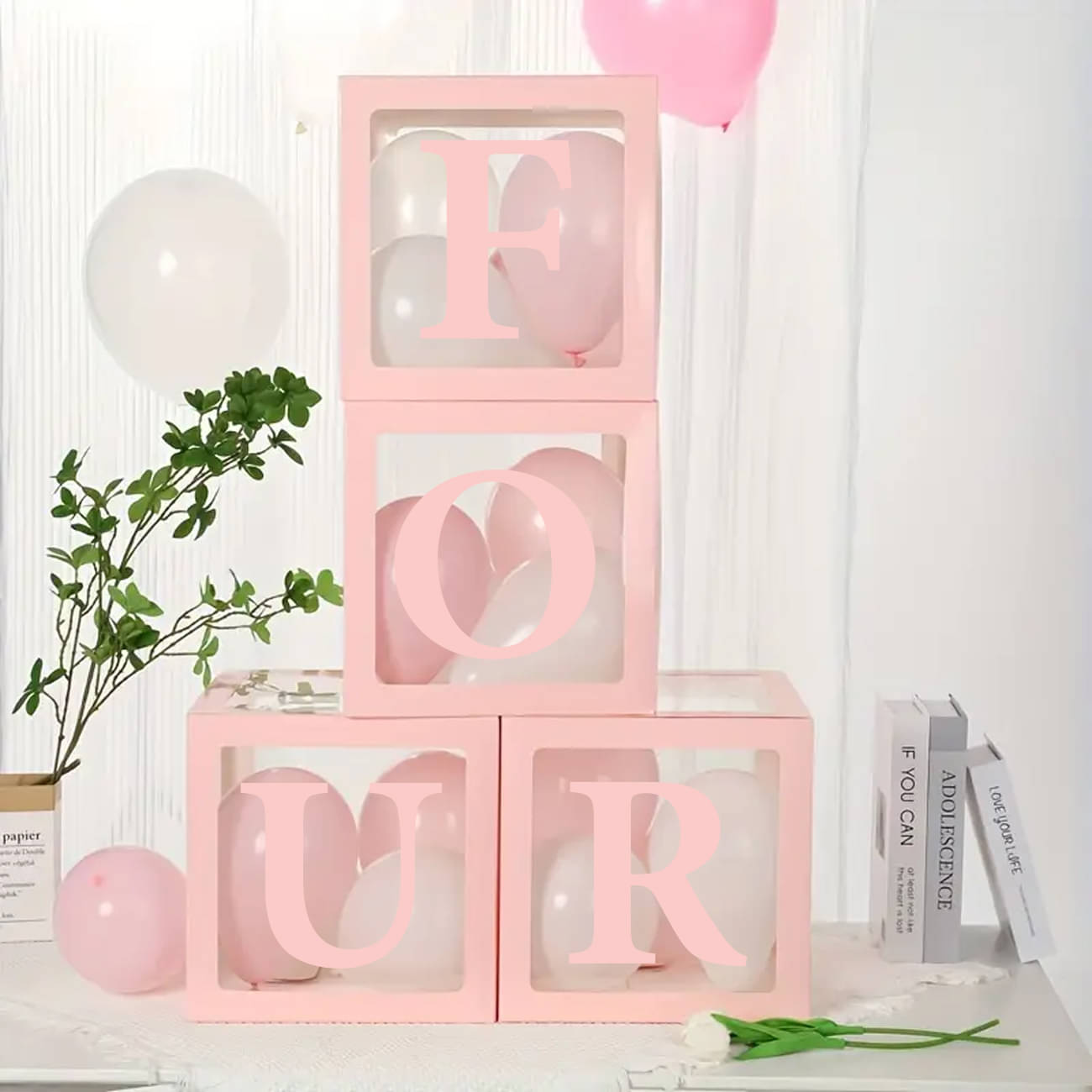     			Bubble Bells Pink 4th Birthday Decoration Balloon Boxes For Four Birthday Transparent Alphabet Balloon Boxes for Baby Shower, Girl & Boy Birthday Party | Birthday Background Decoration Kit - Set of 4 Boxes"