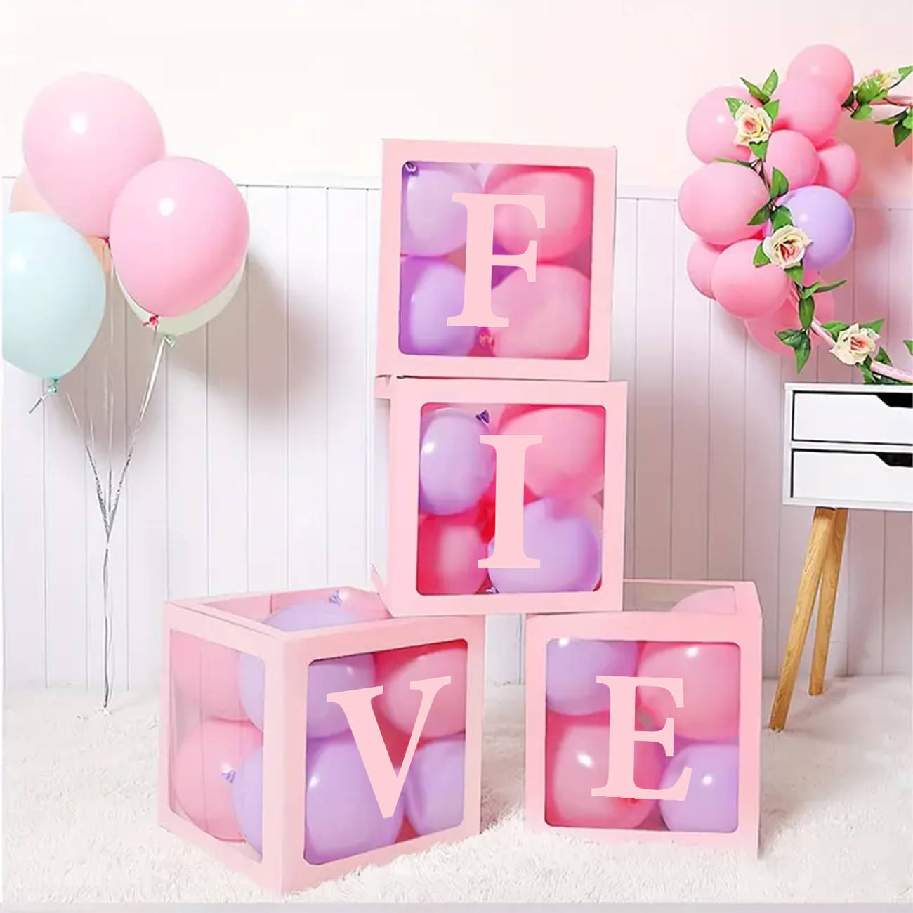     			Bubble Bells Pink 5th Birthday Decoration Balloon Boxes For Five Birthday Transparent Alphabet Balloon Boxes for Baby Shower, Girl & Boy Birthday Party | Birthday Background Decoration Kit - Set of 4 Boxes"