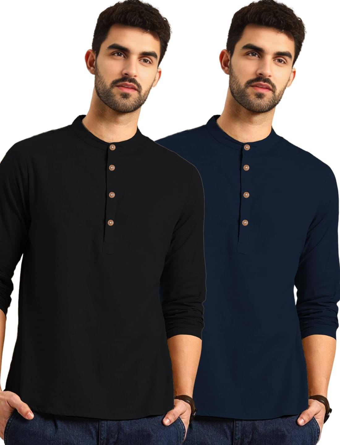     			DaReal Navy Blue Cotton Blend Men's Shirt Style Kurta ( Pack of 2 )