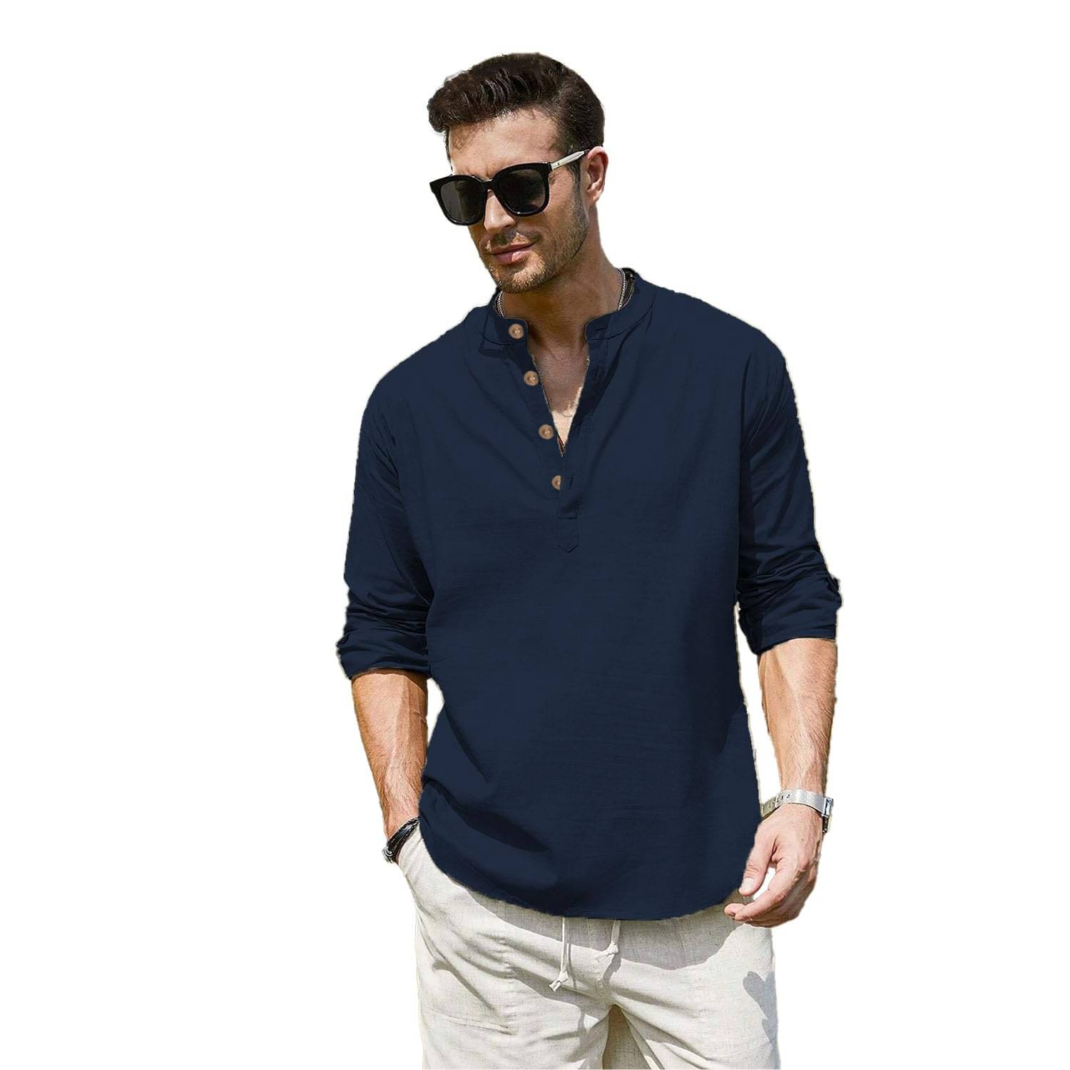 DaReal Navy Blue Cotton Blend Men's Shirt Style Kurta ( Pack of 1 ) DaReal Navy Blue Cotton Blend Men's Shirt Style Kurta ( Pack of 1 )
