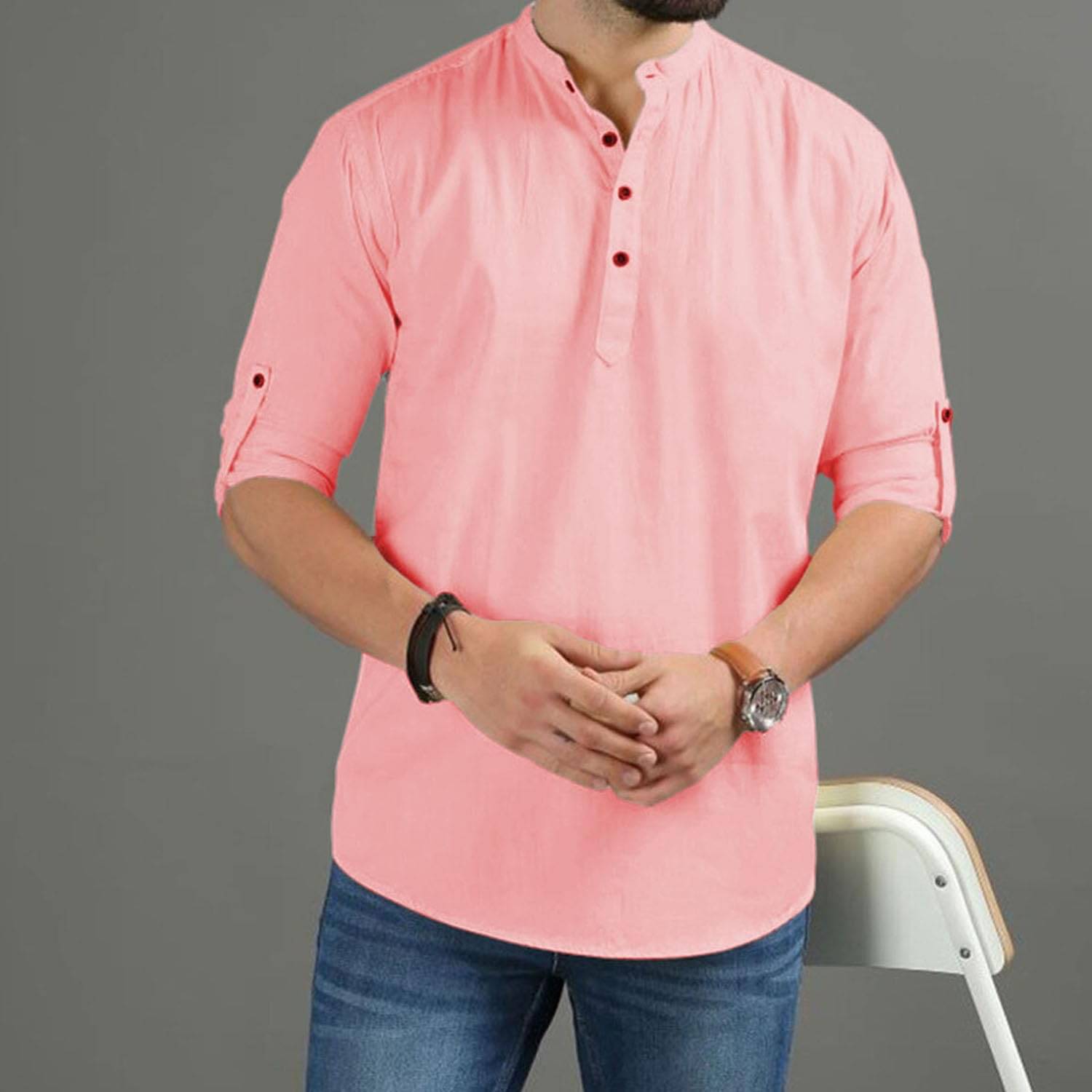     			DaReal Peach Cotton Blend Men's Shirt Style Kurta ( Pack of 1 )