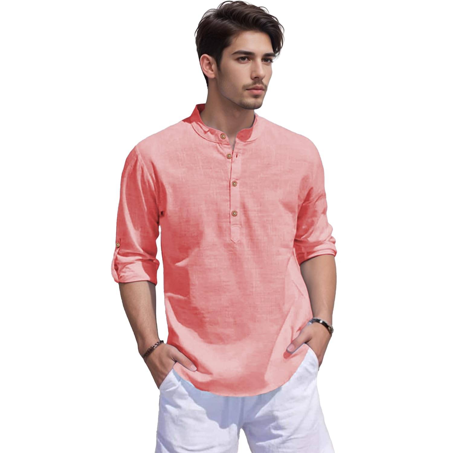     			DaReal Peach Cotton Blend Men's Shirt Style Kurta ( Pack of 1 )