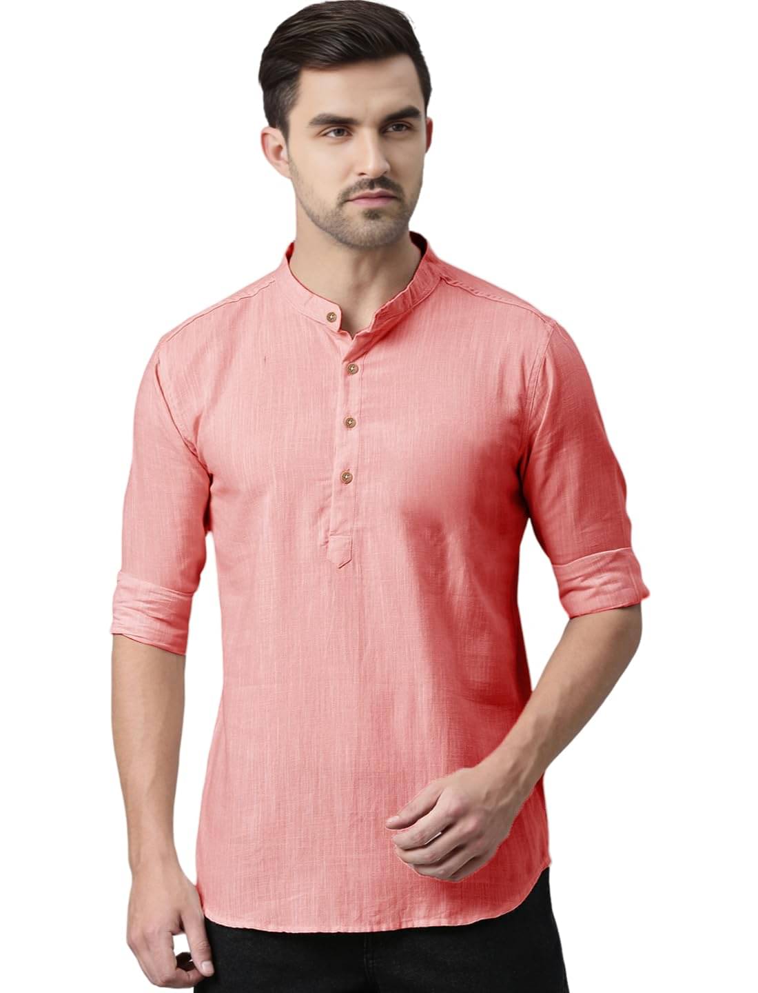     			DaReal Peach Cotton Blend Men's Shirt Style Kurta ( Pack of 1 )
