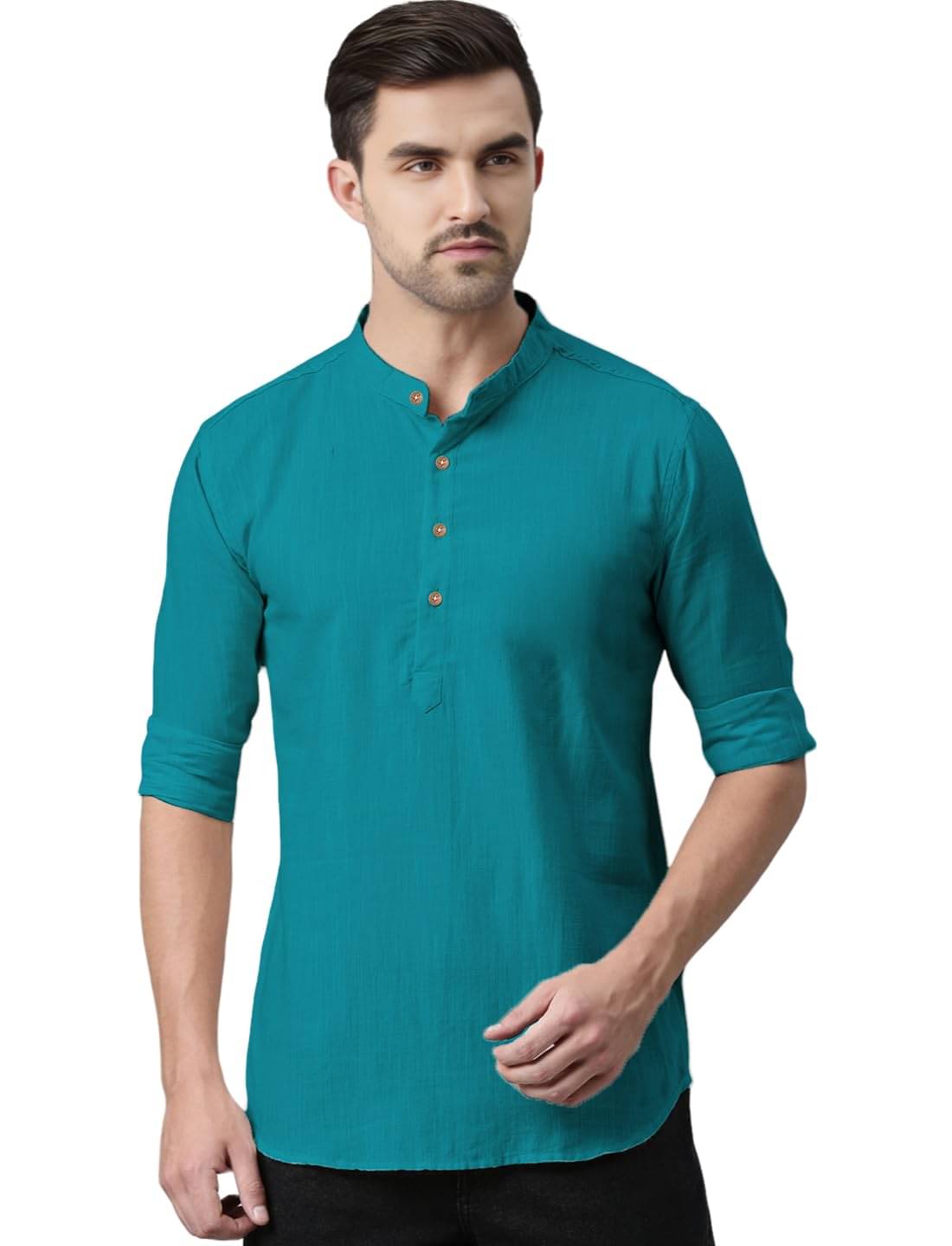     			DaReal Turquoise Cotton Blend Men's Shirt Style Kurta ( Pack of 1 )