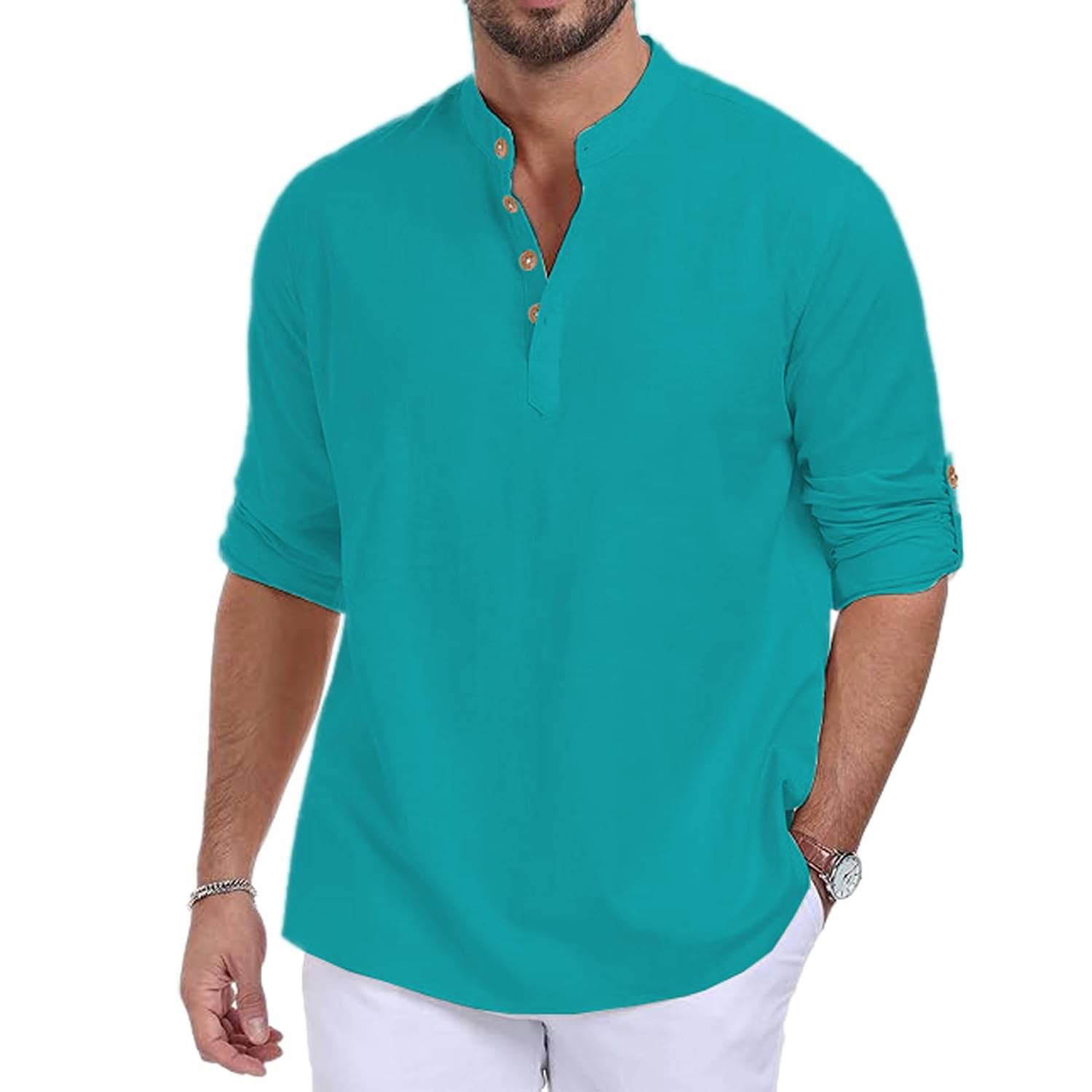     			DaReal Turquoise Cotton Blend Men's Shirt Style Kurta ( Pack of 1 )