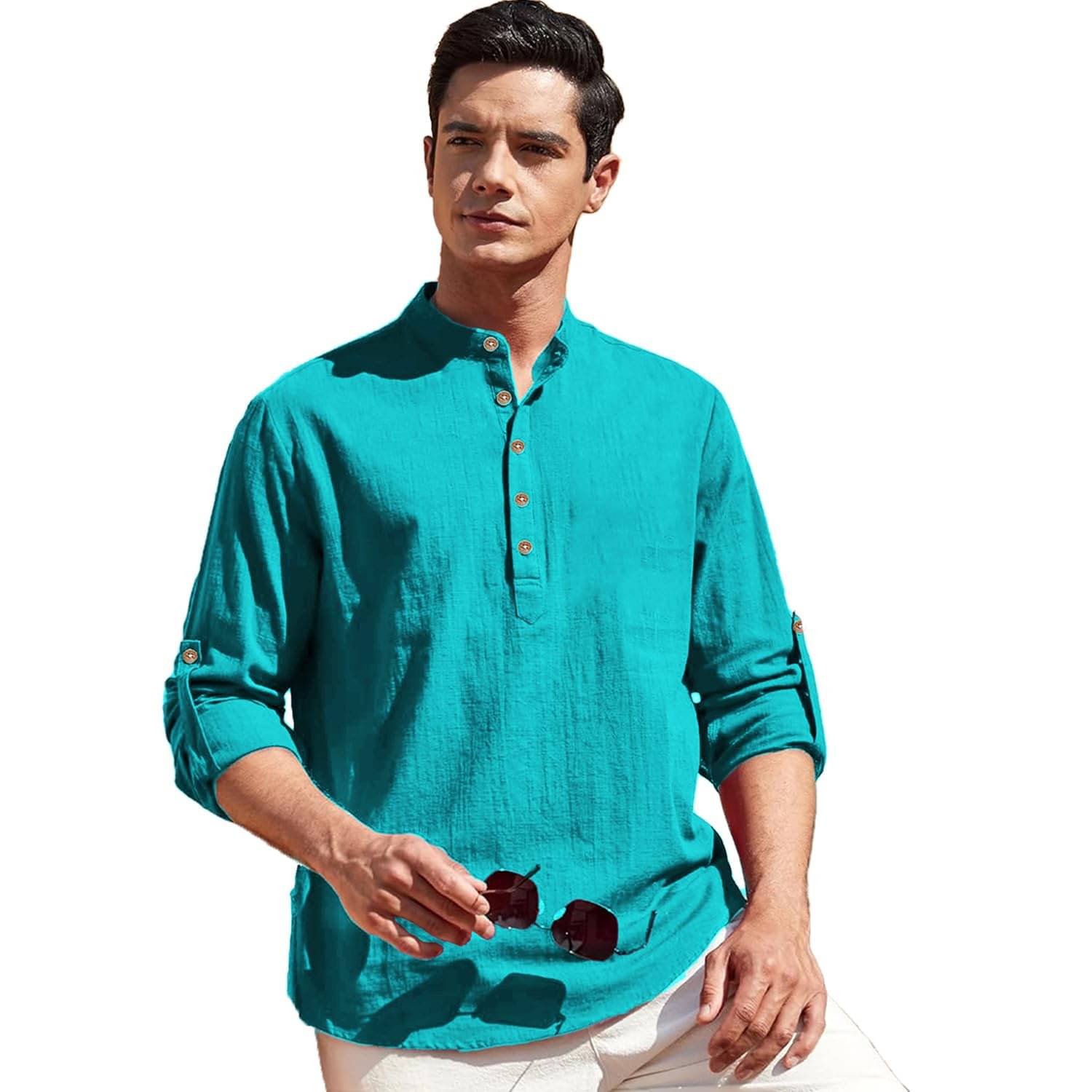     			DaReal Turquoise Cotton Blend Men's Shirt Style Kurta ( Pack of 1 )