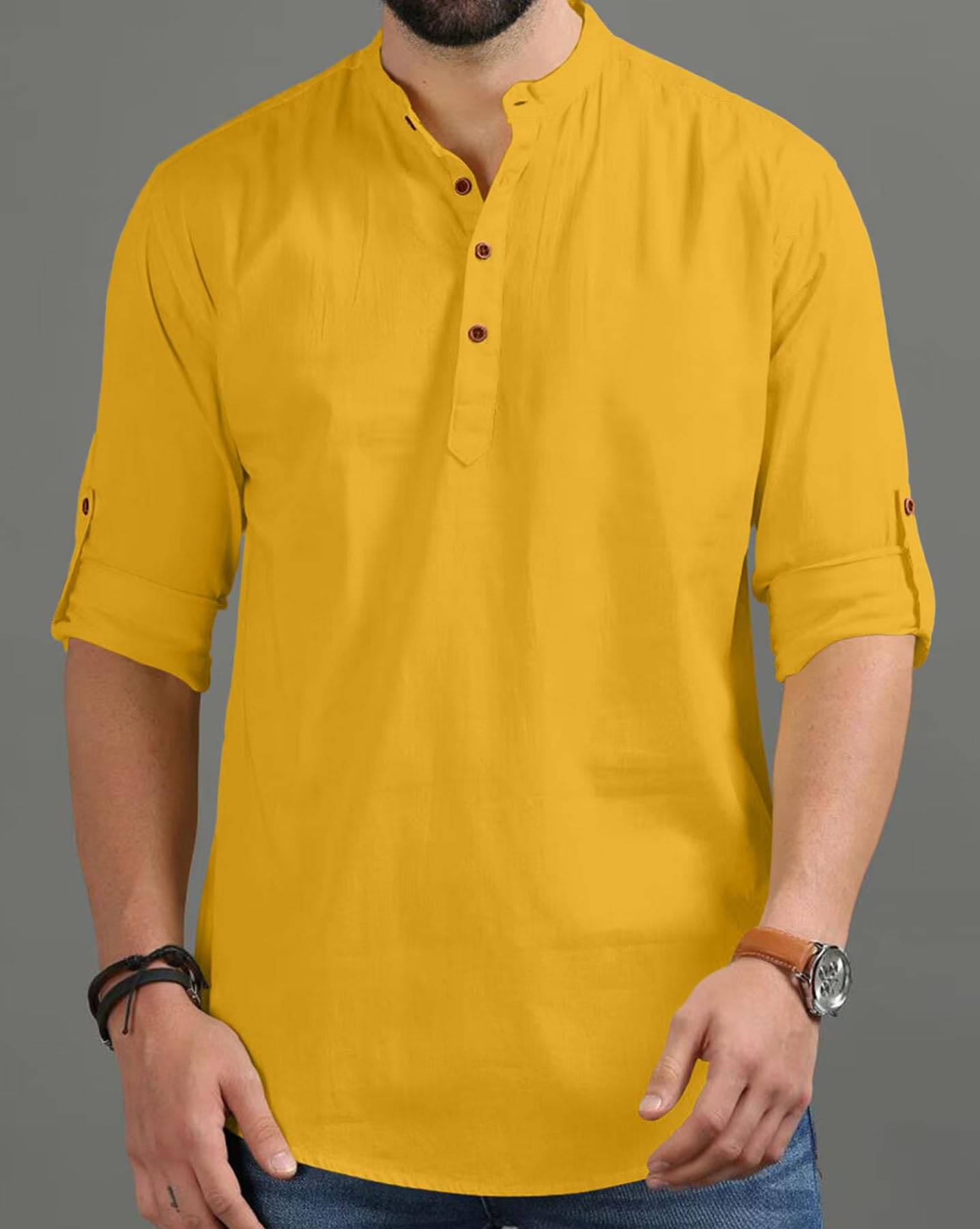     			DaReal Yellow Cotton Blend Men's Shirt Style Kurta ( Pack of 1 )