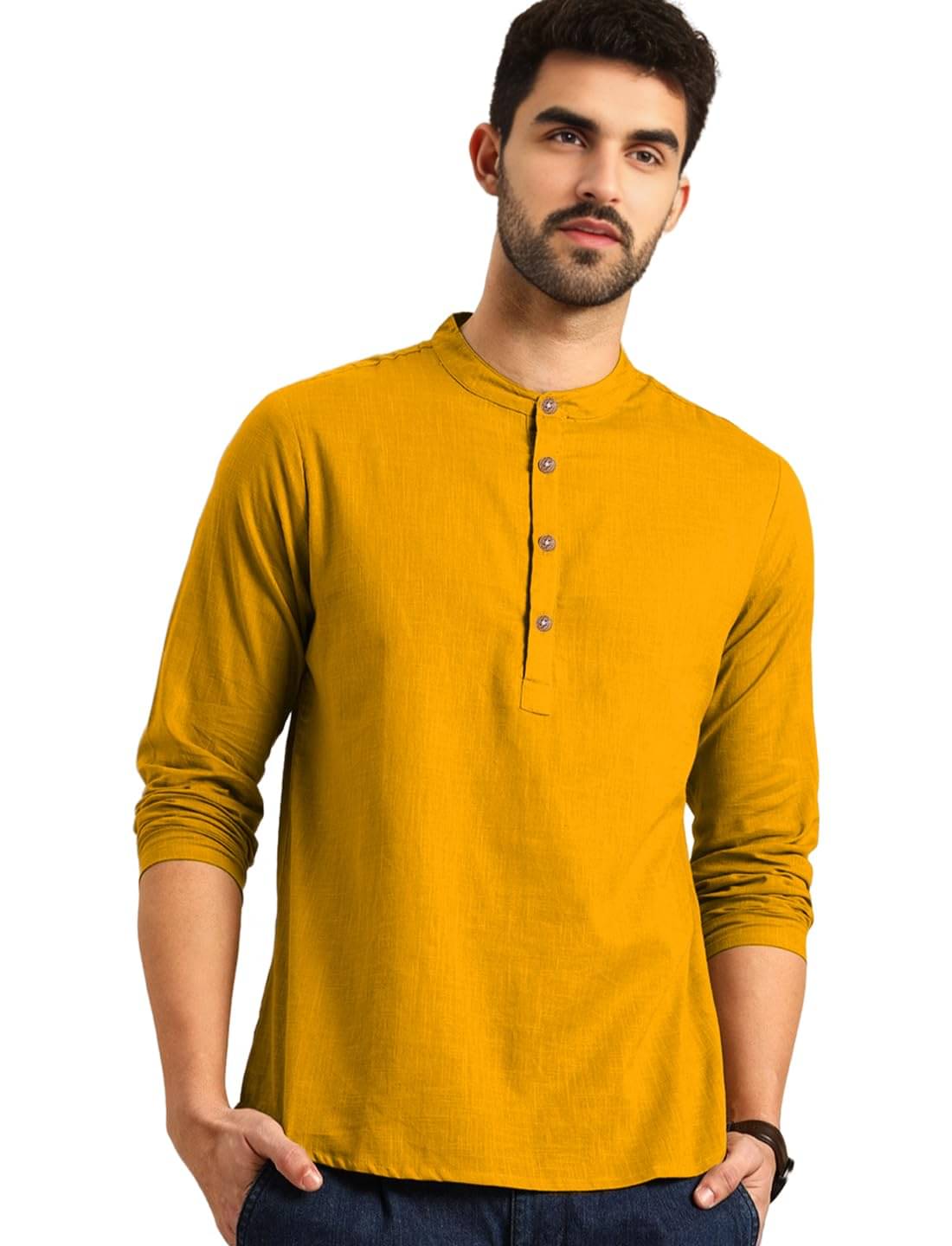 DaReal Yellow Cotton Blend Men's Shirt Style Kurta ( Pack of 1 ) DaReal Yellow Cotton Blend Men's Shirt Style Kurta ( Pack of 1 )