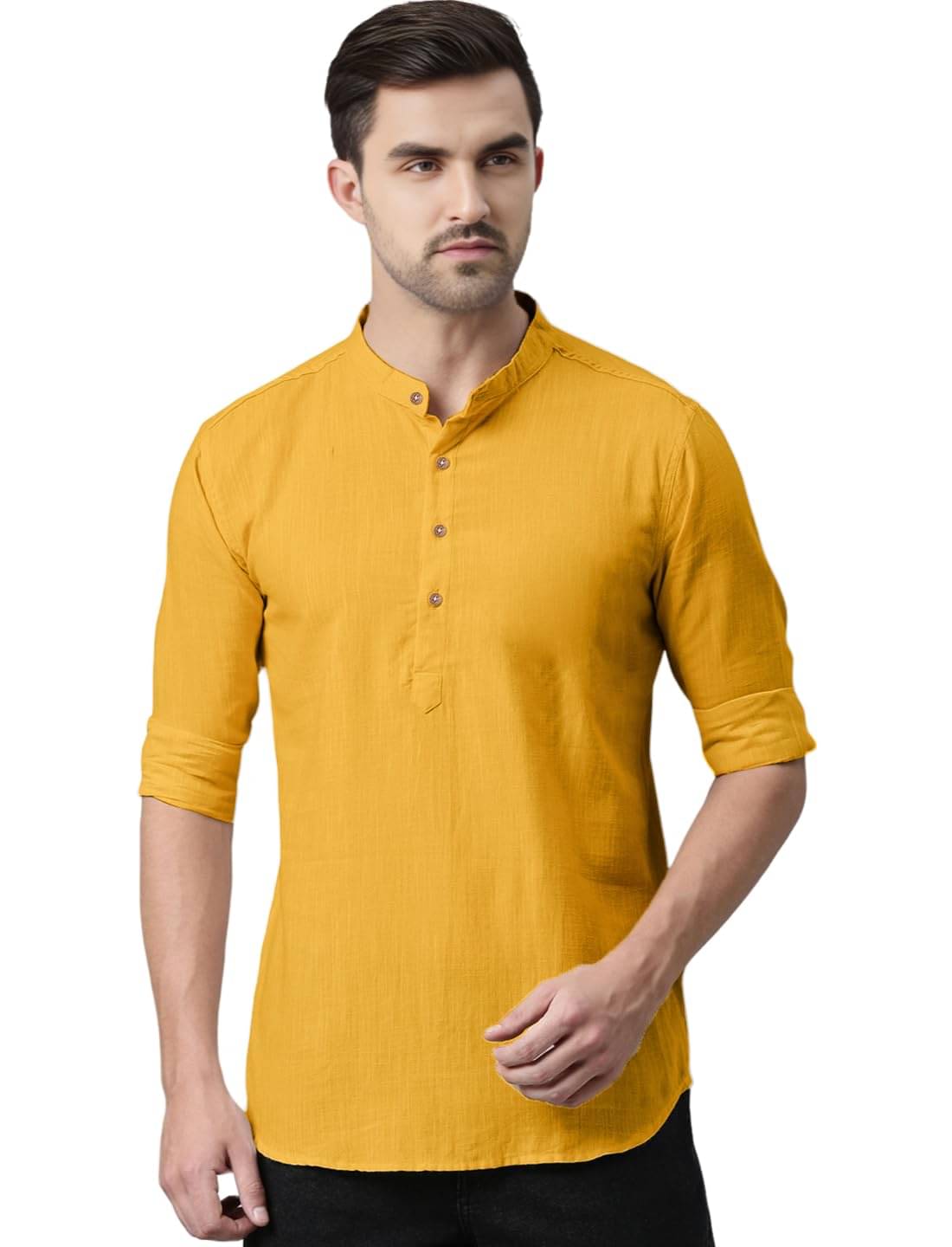 DaReal Yellow Cotton Blend Men's Shirt Style Kurta ( Pack of 1 ) DaReal Yellow Cotton Blend Men's Shirt Style Kurta ( Pack of 1 )