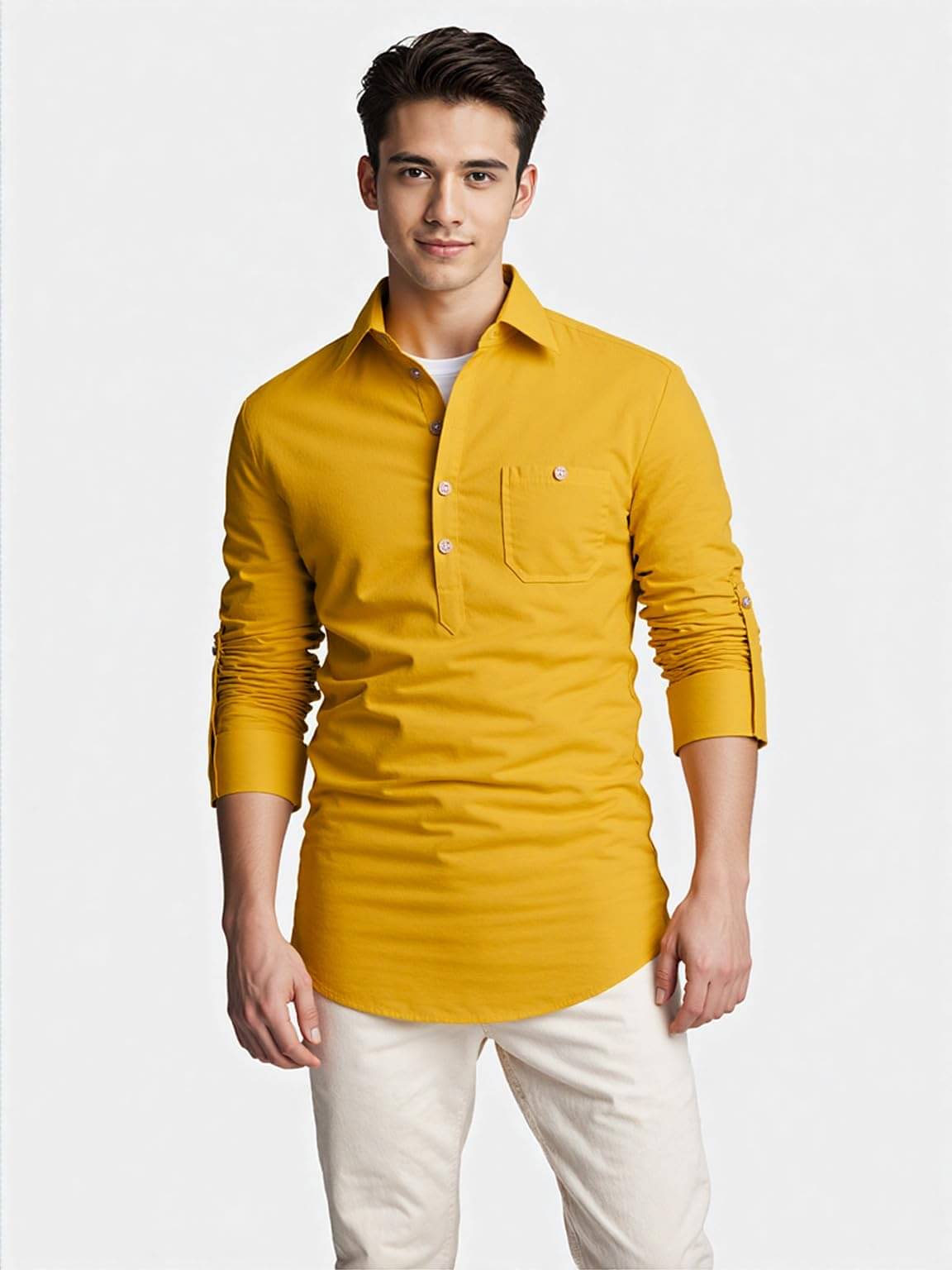 DaReal Yellow Cotton Blend Men's Shirt Style Kurta ( Pack of 1 ) DaReal Yellow Cotton Blend Men's Shirt Style Kurta ( Pack of 1 )