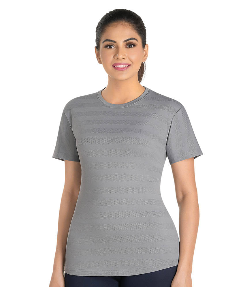 Dermawear Women Polyester Self Design Regular Fit Round Neck T-Shirt ( Grey ) Dermawear Women Polyester Self Design Regular Fit Round Neck T-Shirt ( Grey )