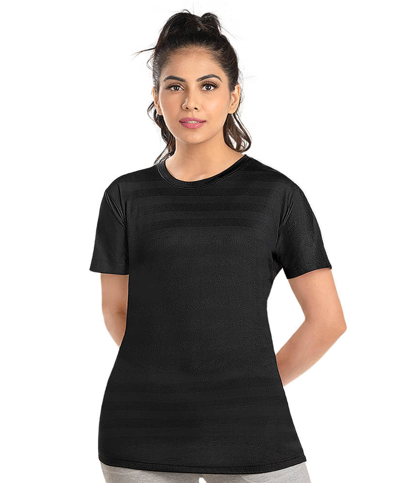 Dermawear Women Polyester Self Design Regular Fit Round Neck T-Shirt ( Black )
