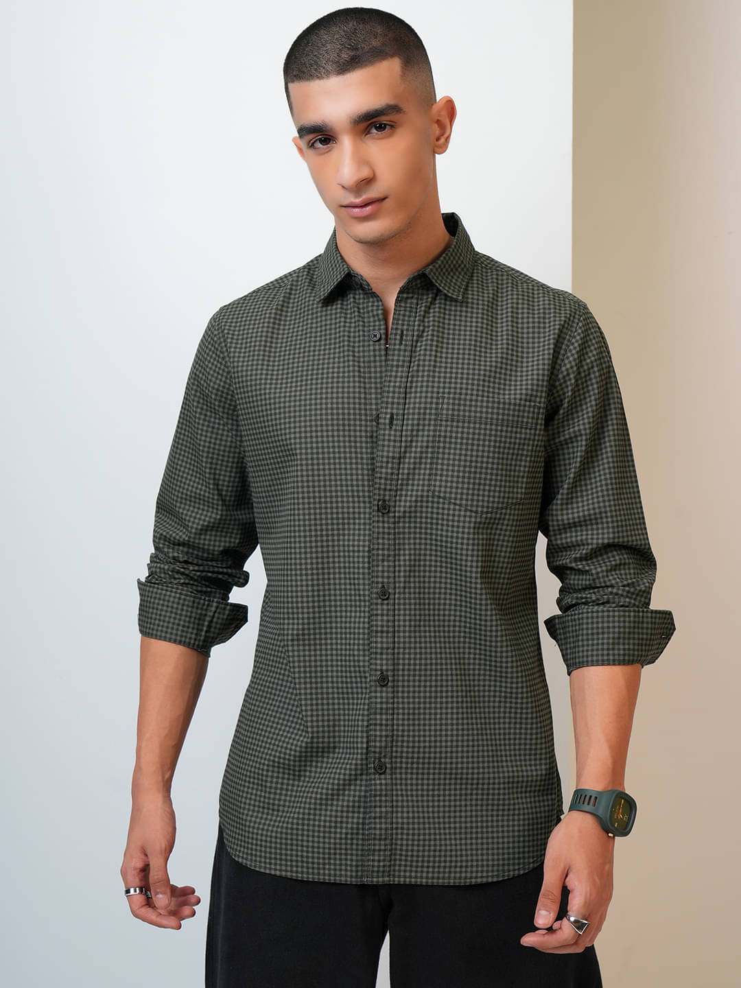     			Highlander 100% Cotton Slim Fit Checks Full Sleeves Men's Casual Shirt - Olive ( Pack of 1 )
