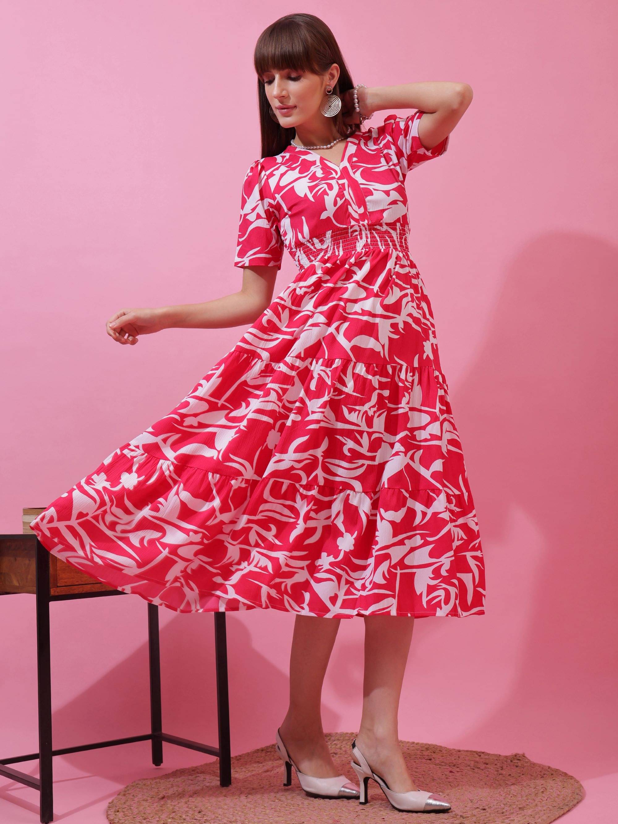     			Honky Tonky Women Crepe Printed Fit & Flare Dress ( Pink )