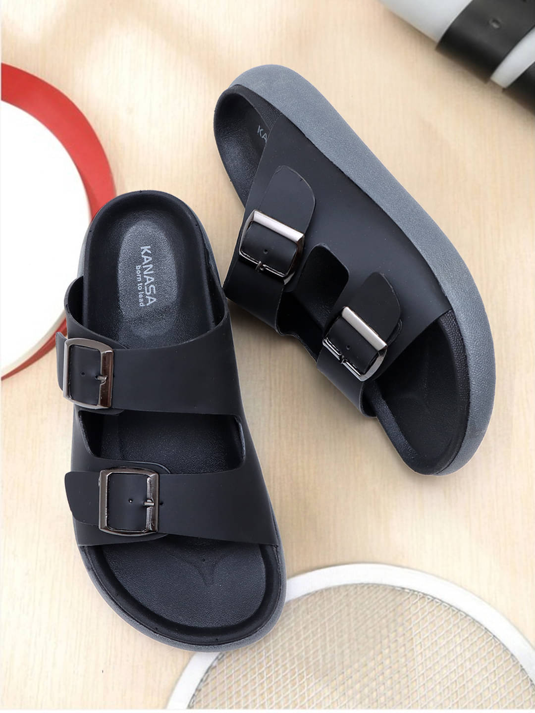     			KANASA Black Men's Slide Flip Flop