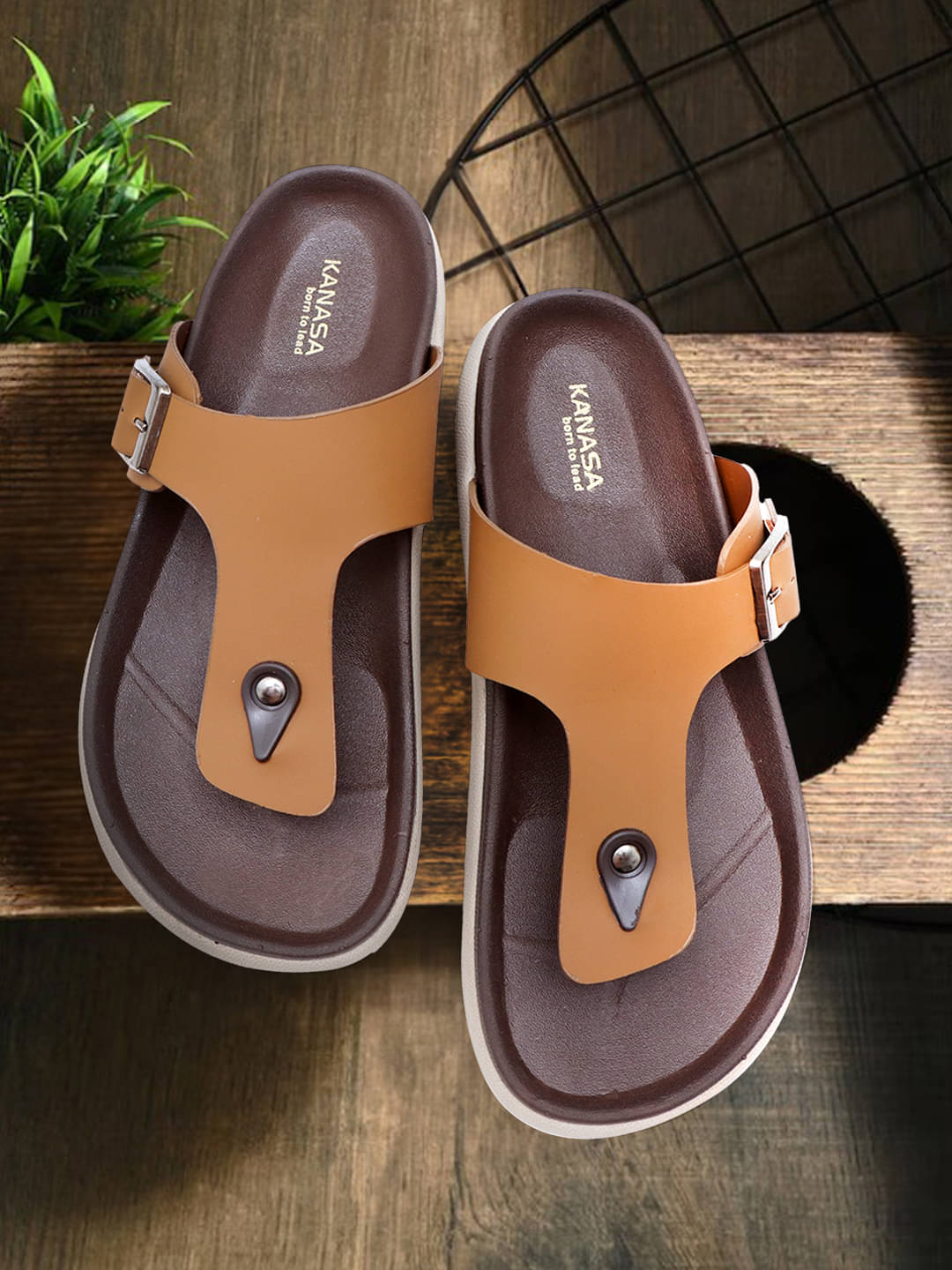     			KANASA Tan Men's Thong Flip Flop