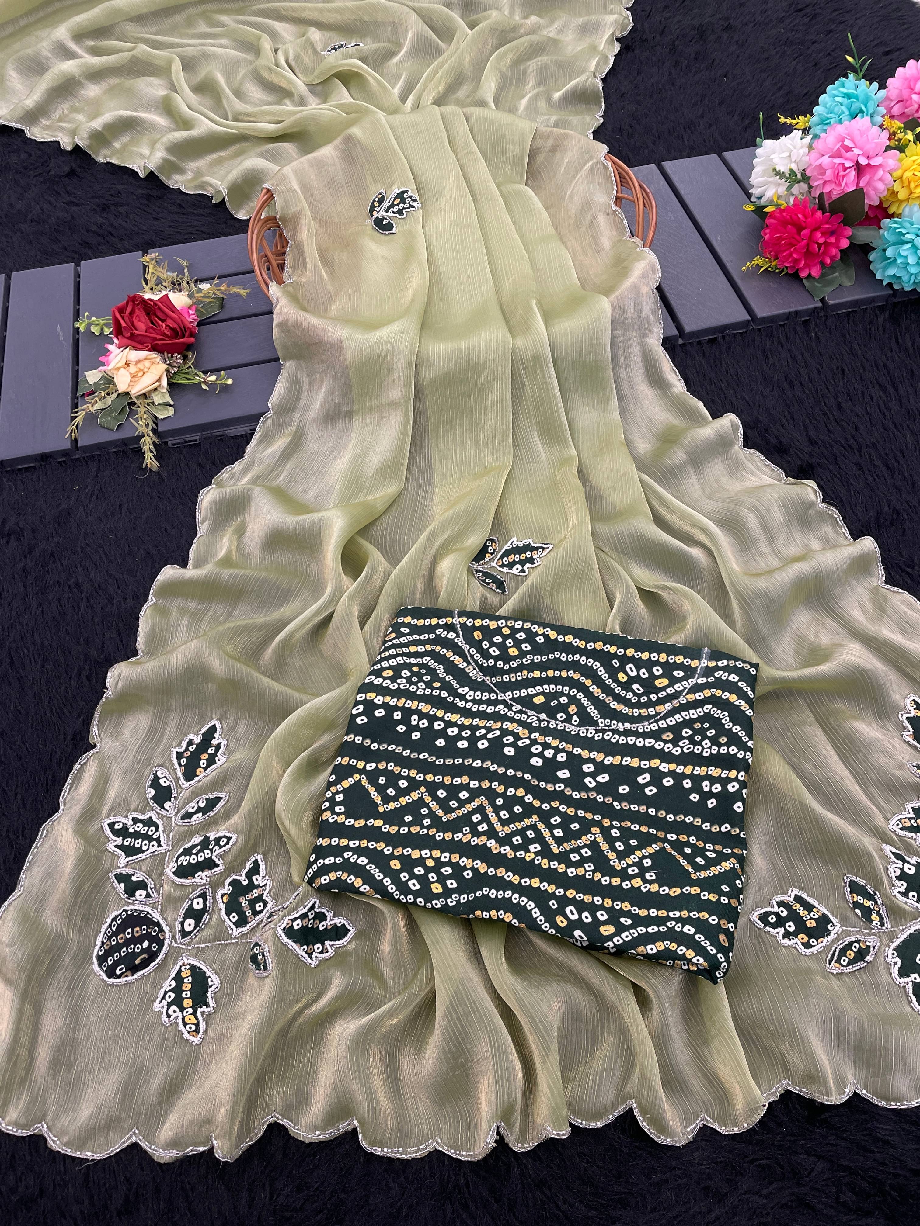     			Kandora Chiffon Embroidered Regular Saree With Unstitched Blouse Piece ( Green )