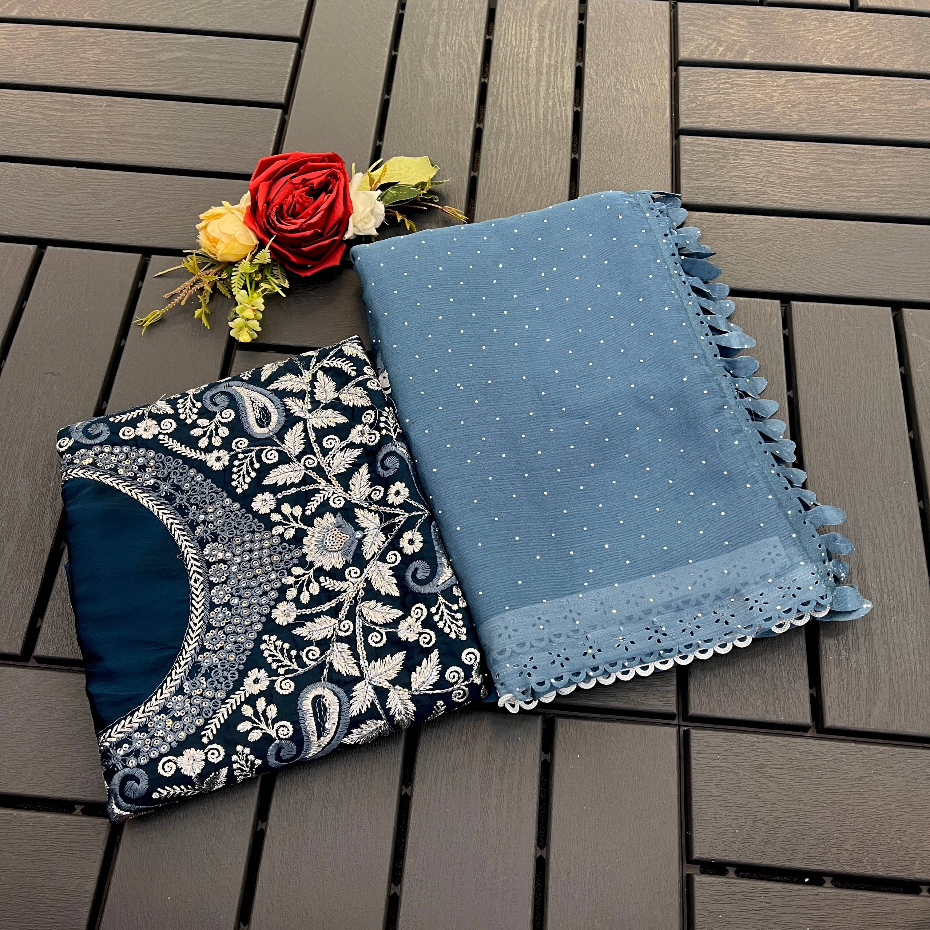 Kandora Chiffon Embroidered Regular Saree With Unstitched Blouse Piece ( Blue ) Kandora Chiffon Embroidered Regular Saree With Unstitched Blouse Piece ( Blue )
