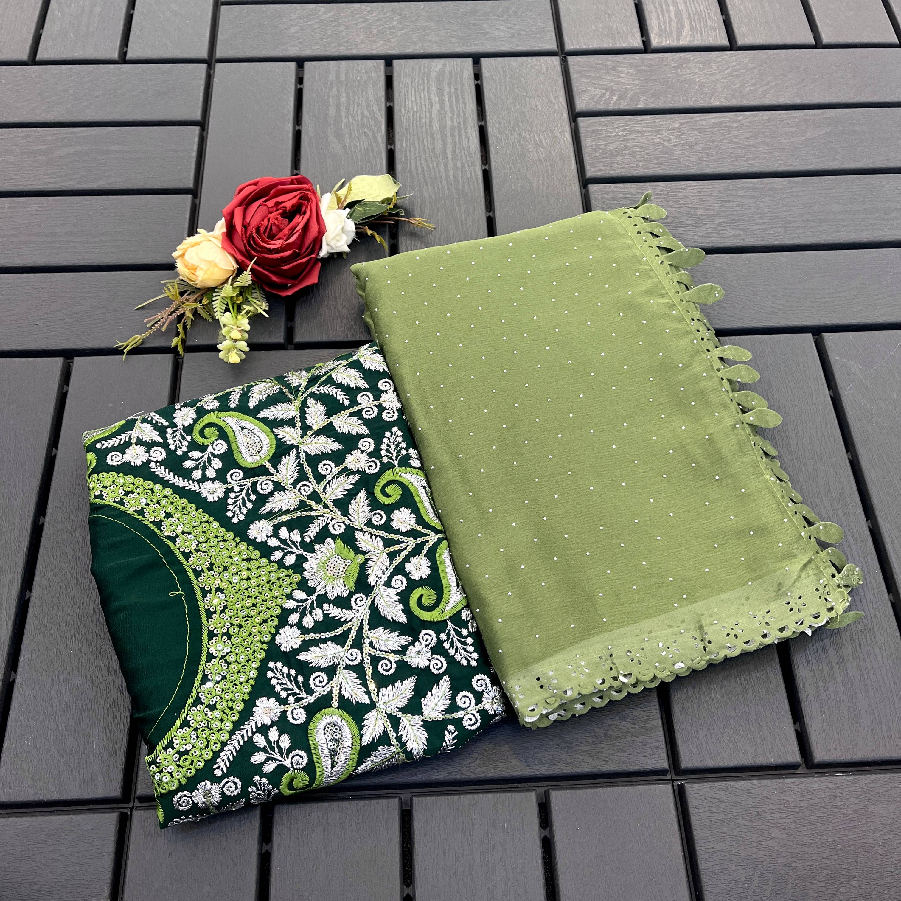     			Kandora Chiffon Embroidered Regular Saree With Unstitched Blouse Piece ( Green )