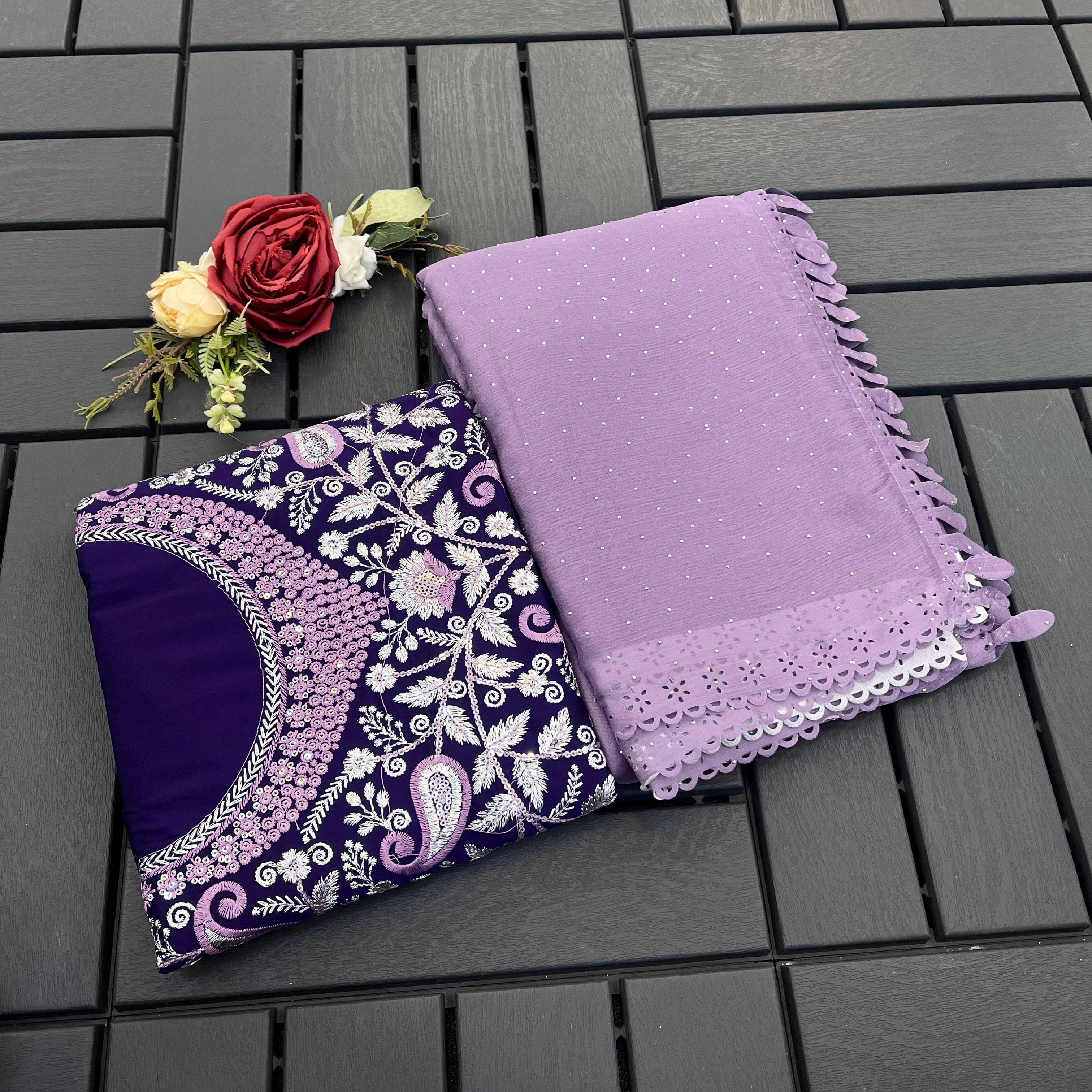     			Kandora Chiffon Embroidered Regular Saree With Unstitched Blouse Piece ( Purple )