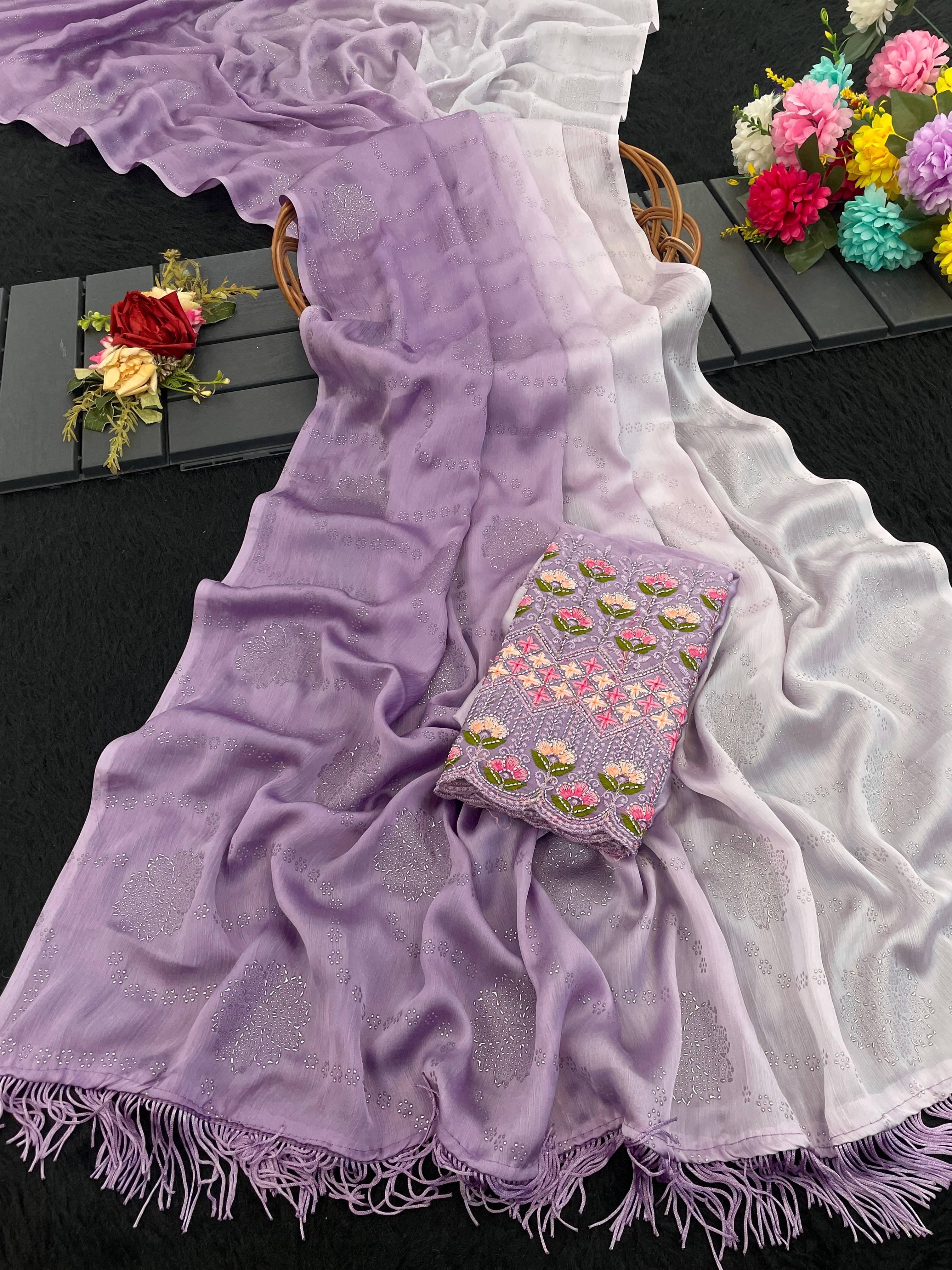     			Kandora Chiffon Embroidered Regular Saree With Unstitched Blouse Piece ( Purple )