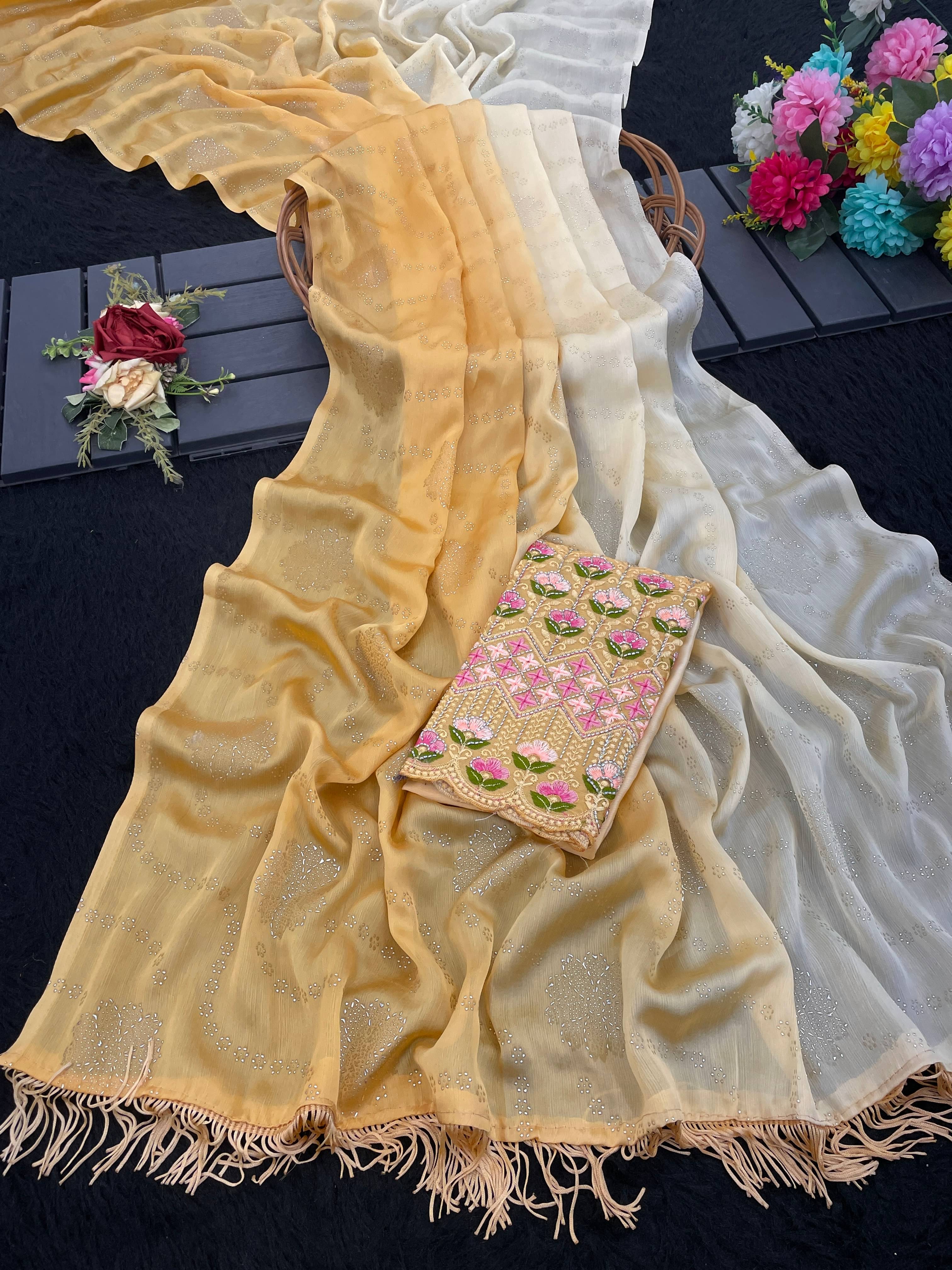     			Kandora Chiffon Embroidered Regular Saree With Unstitched Blouse Piece ( Yellow )