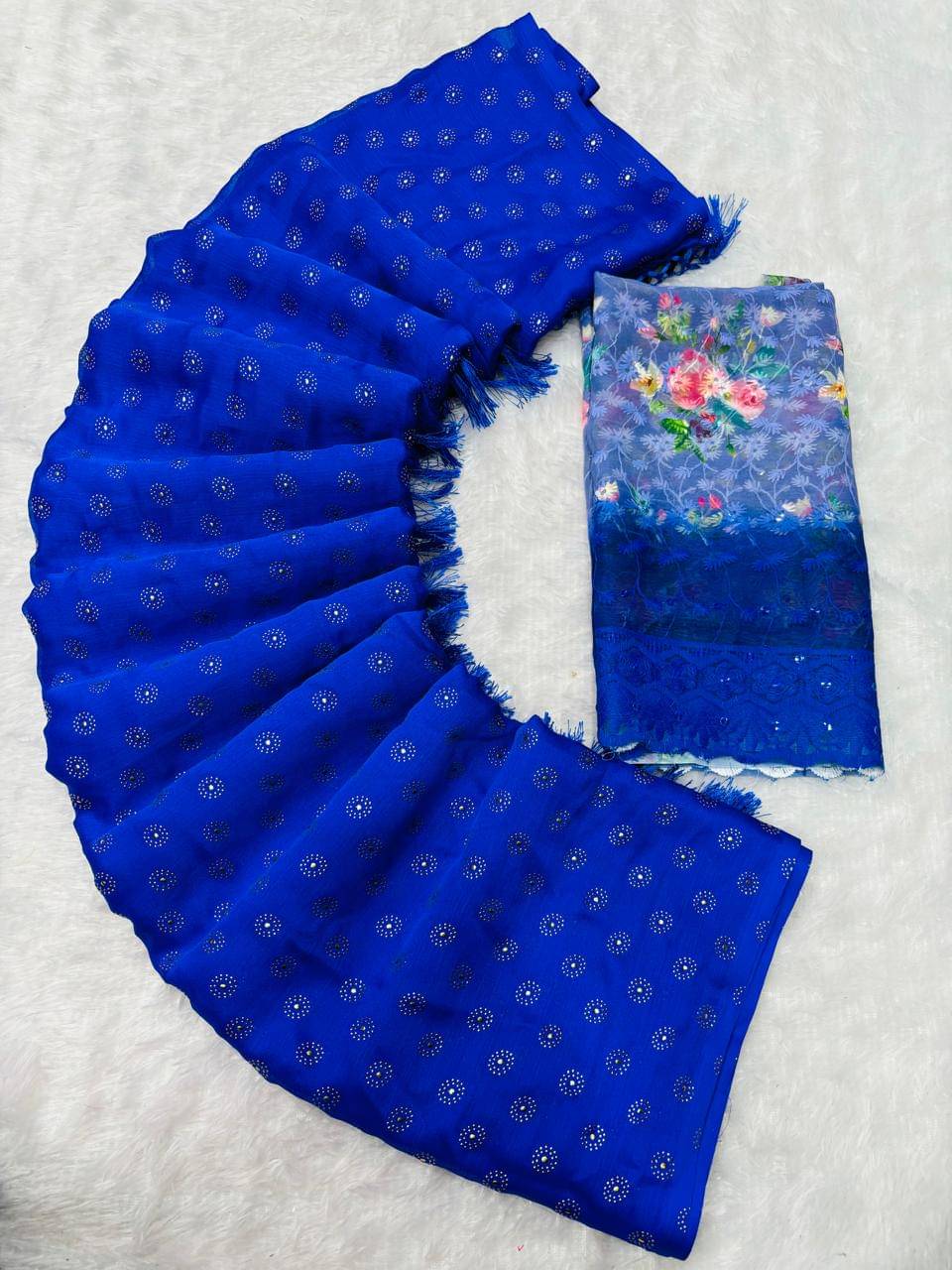 Kandora Chiffon Embroidered Regular Saree With Unstitched Blouse Piece ( Blue ) Kandora Chiffon Embroidered Regular Saree With Unstitched Blouse Piece ( Blue )