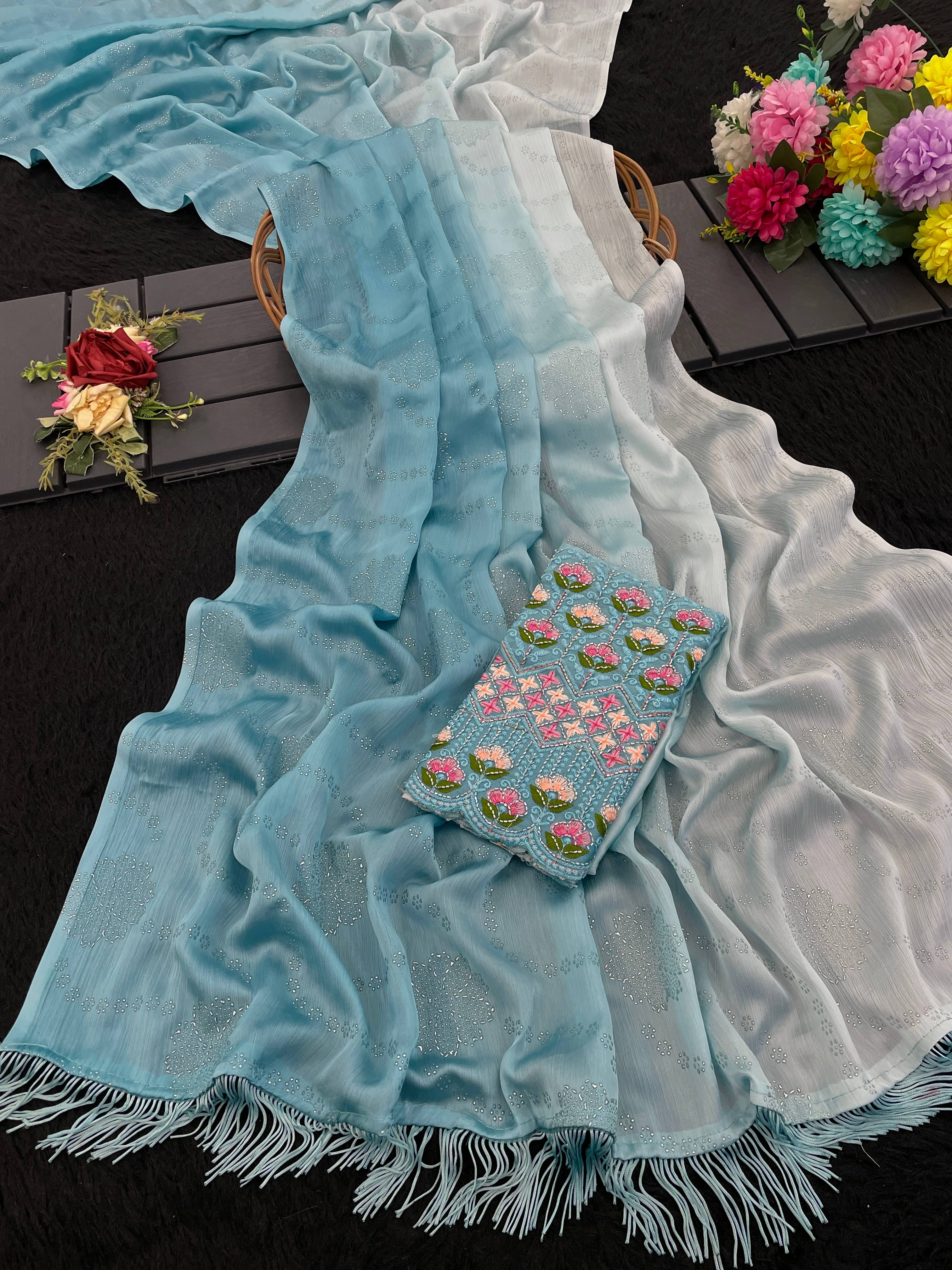Kandora Chiffon Embroidered Regular Saree With Unstitched Blouse Piece ( Blue ) Kandora Chiffon Embroidered Regular Saree With Unstitched Blouse Piece ( Blue )