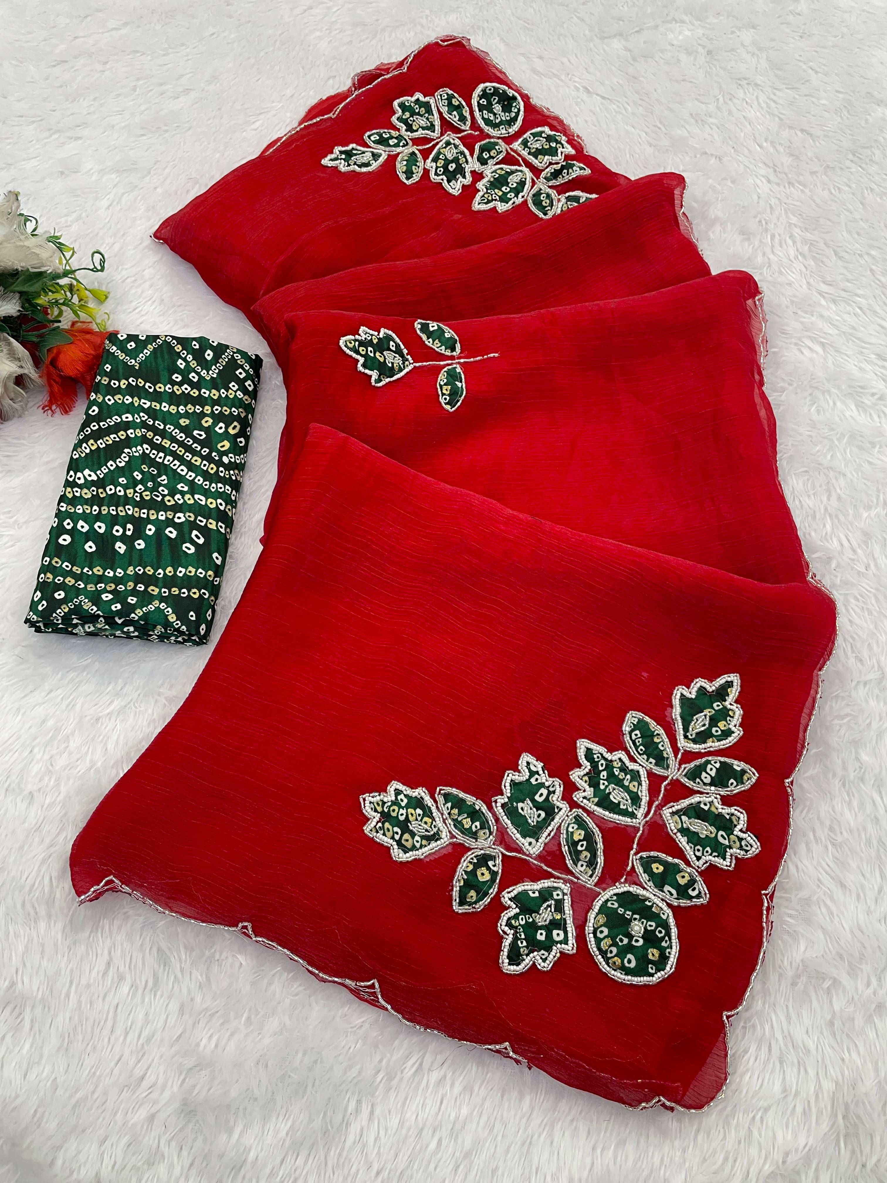 Kandora Chiffon Embroidered Regular Saree With Unstitched Blouse Piece ( Red ) Kandora Chiffon Embroidered Regular Saree With Unstitched Blouse Piece ( Red )