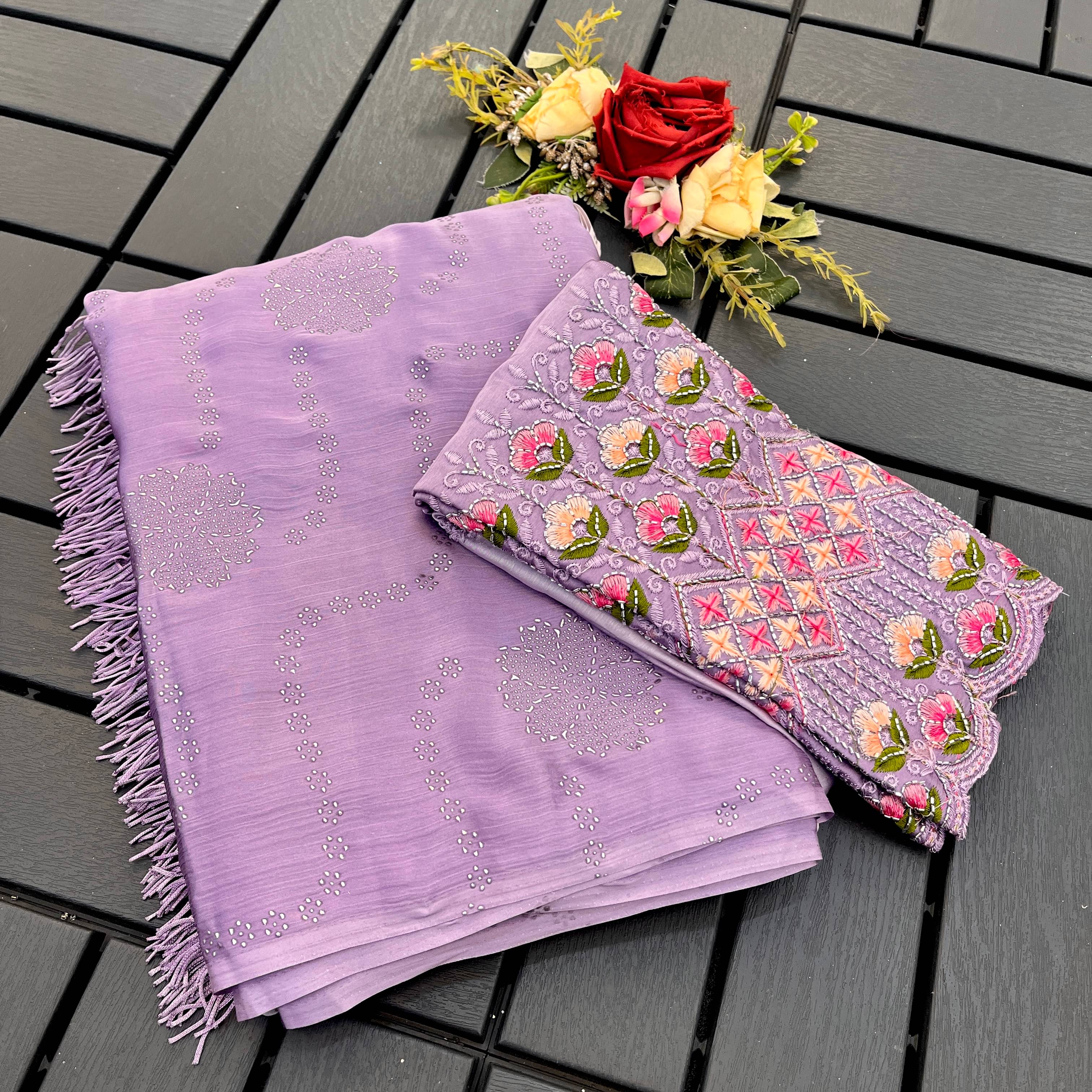     			Kandora Chiffon Embroidered Regular Saree With Unstitched Blouse Piece ( Purple )