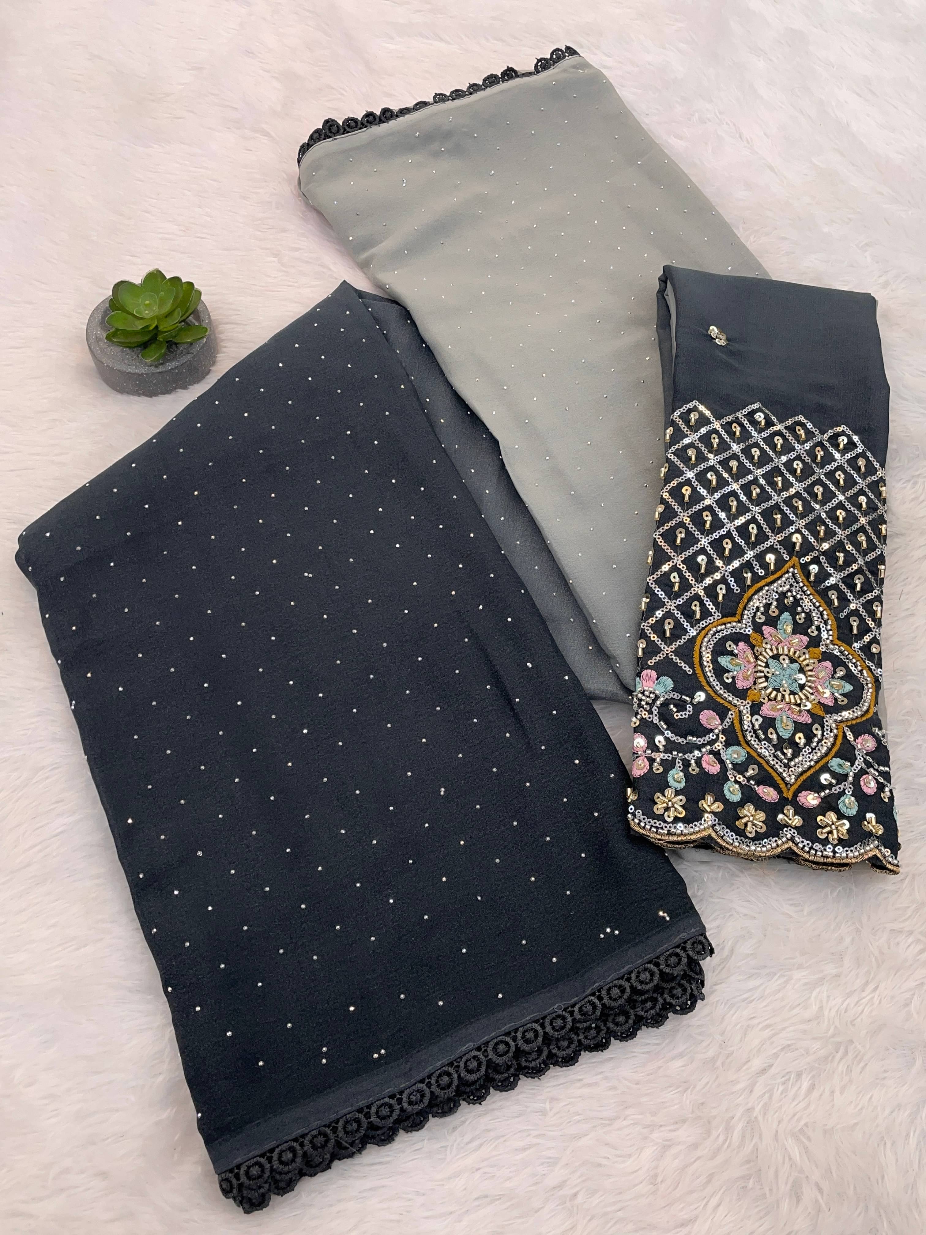     			Kandora Georgette Embroidered Regular Saree With Unstitched Blouse Piece ( Black )
