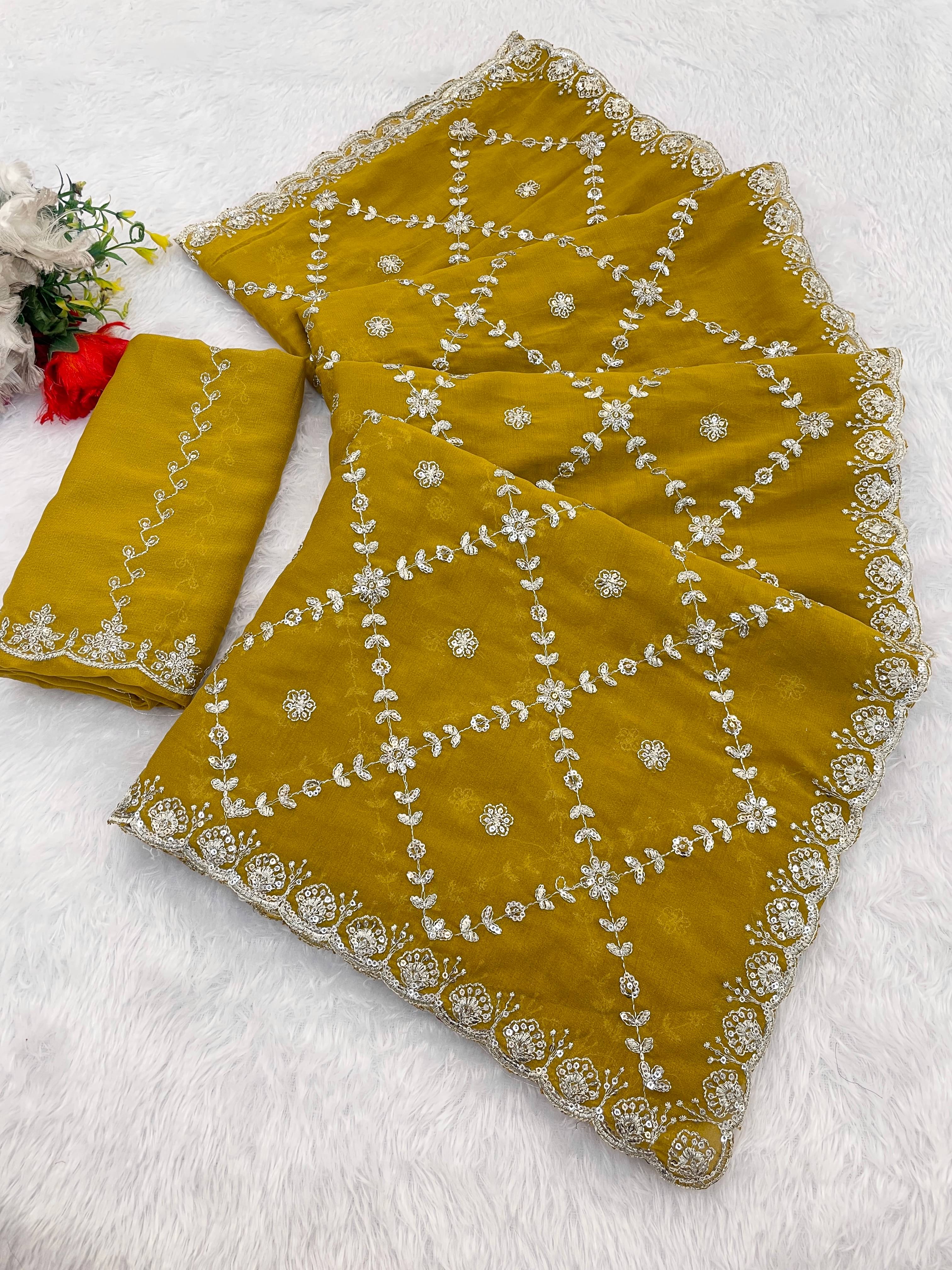 Kandora Georgette Embroidered Regular Saree With Unstitched Blouse Piece ( Yellow ) Kandora Georgette Embroidered Regular Saree With Unstitched Blouse Piece ( Yellow )