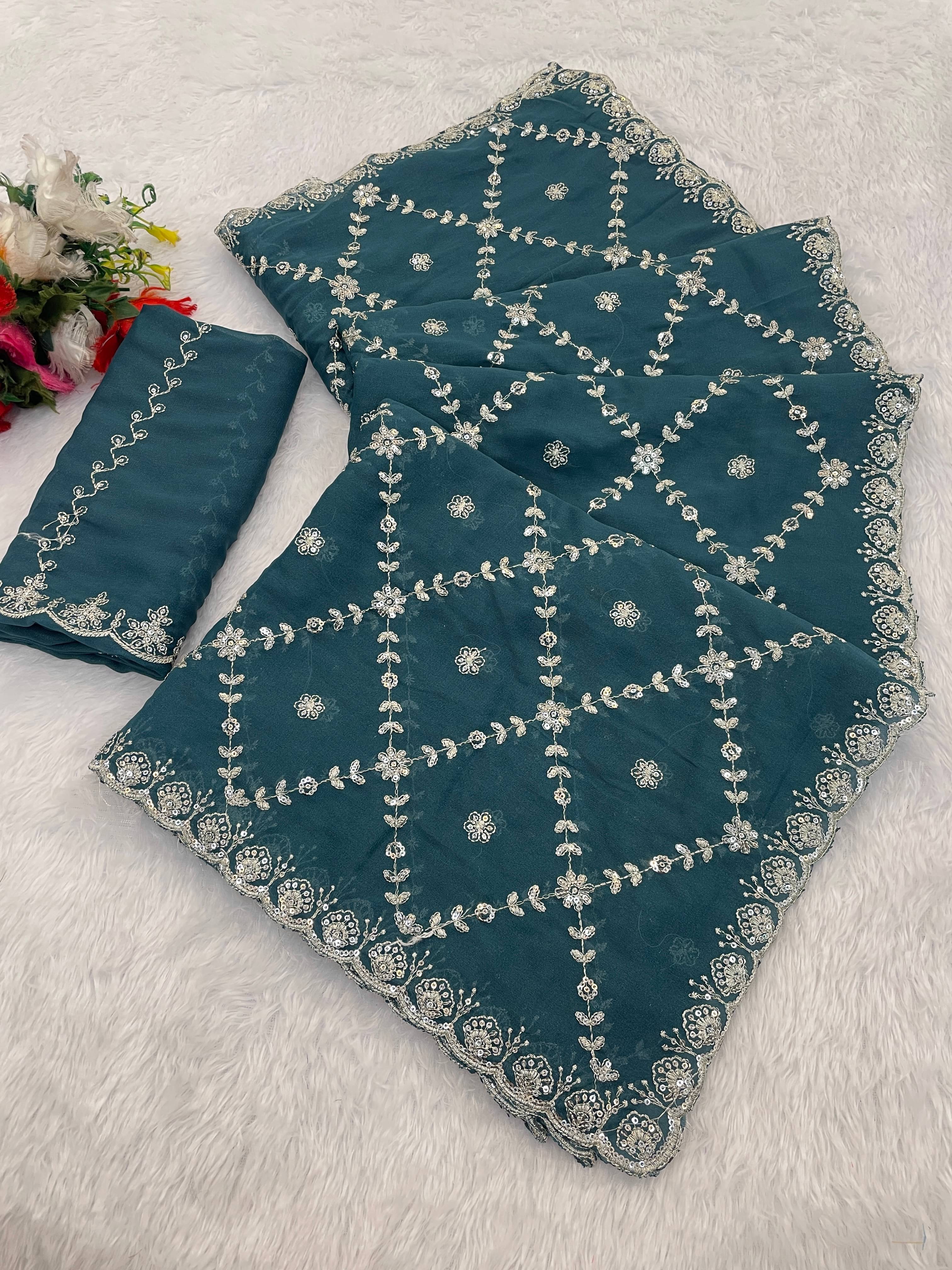     			Kandora Georgette Embroidered Regular Saree With Unstitched Blouse Piece ( Blue )