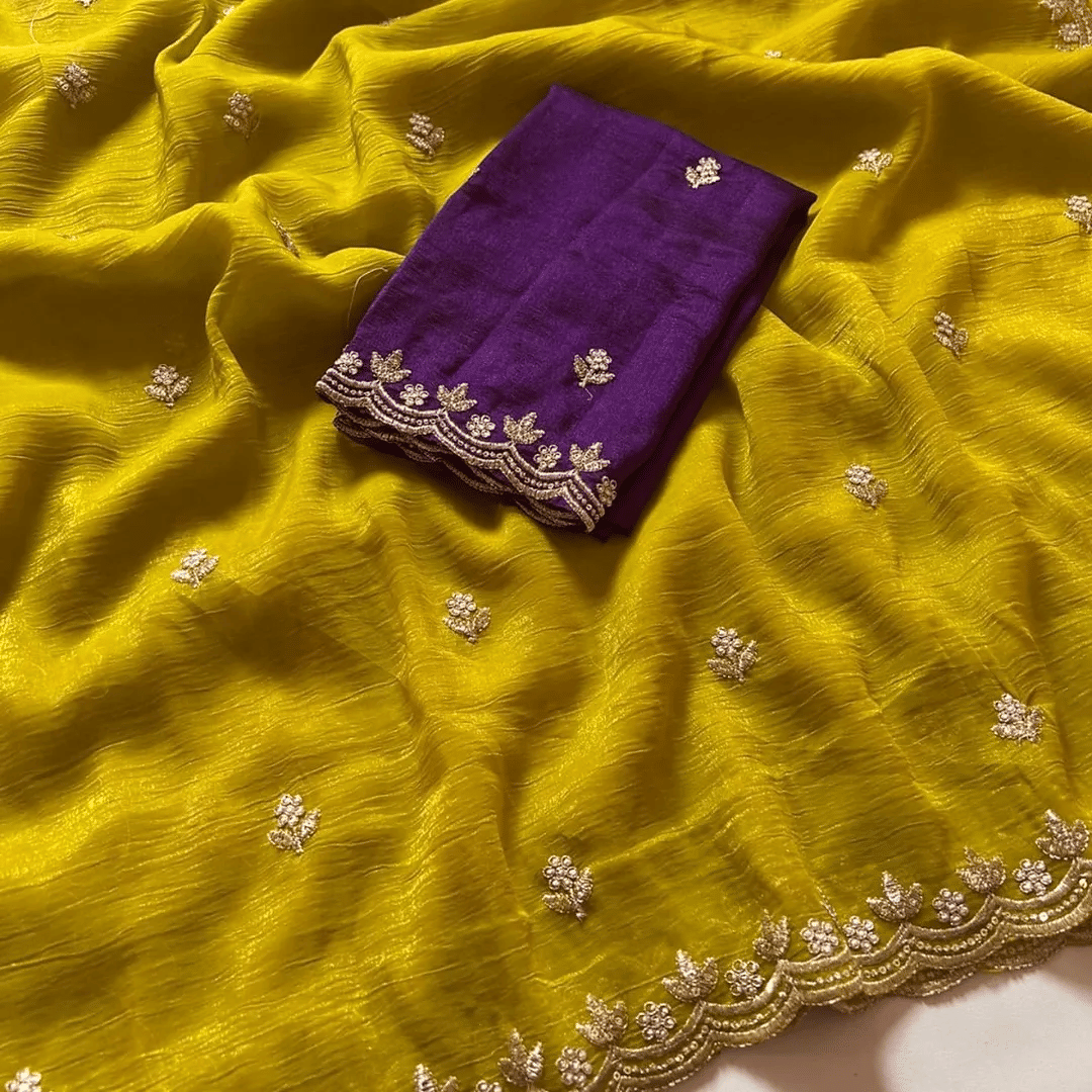 Kandora Jimmy Choo Embroidered Regular Saree With Unstitched Blouse Piece ( Yellow ) Kandora Jimmy Choo Embroidered Regular Saree With Unstitched Blouse Piece ( Yellow )