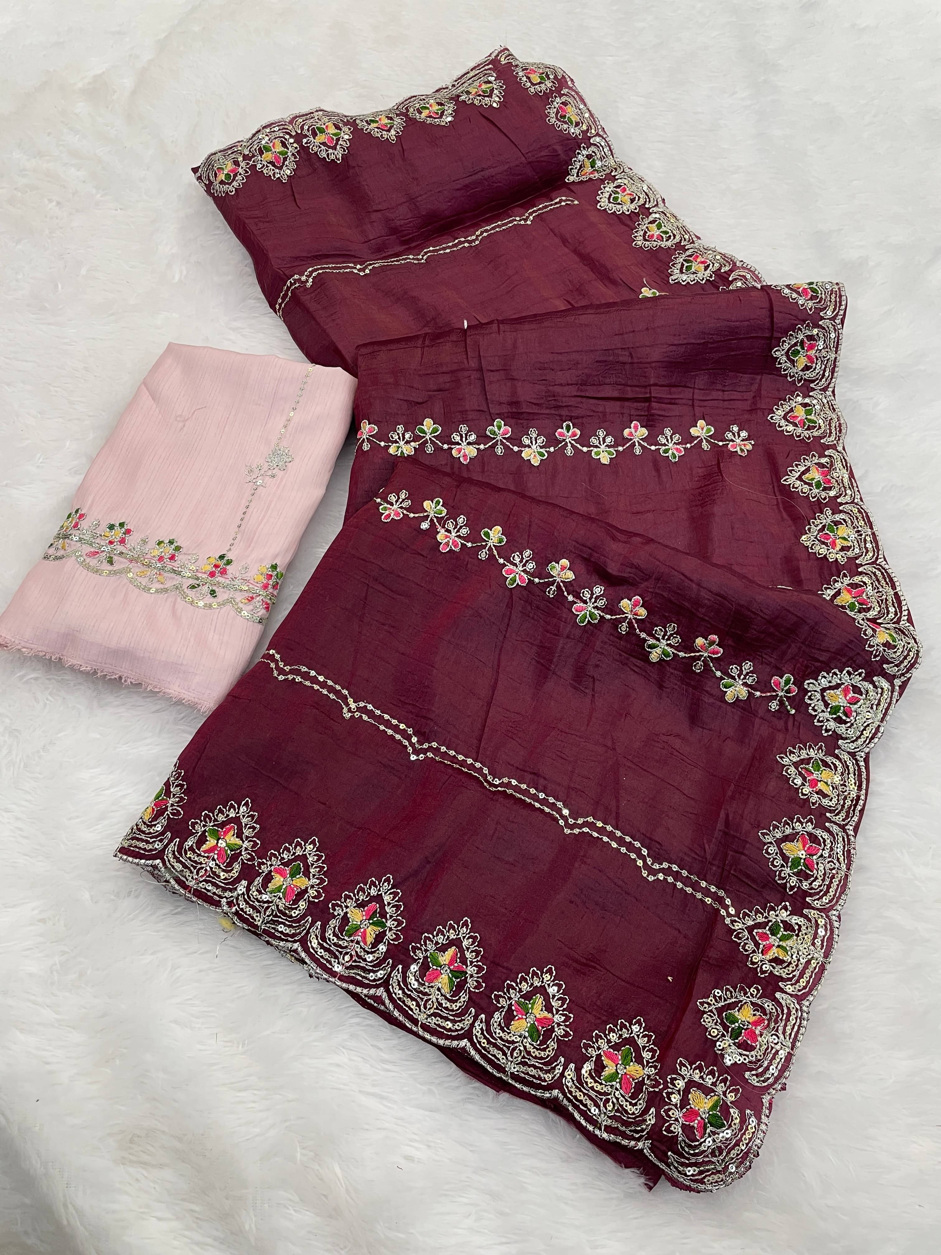 Kandora Jimmy Choo Embroidered Regular Saree With Unstitched Blouse Piece ( Lavender ) Kandora Jimmy Choo Embroidered Regular Saree With Unstitched Blouse Piece ( Lavender )