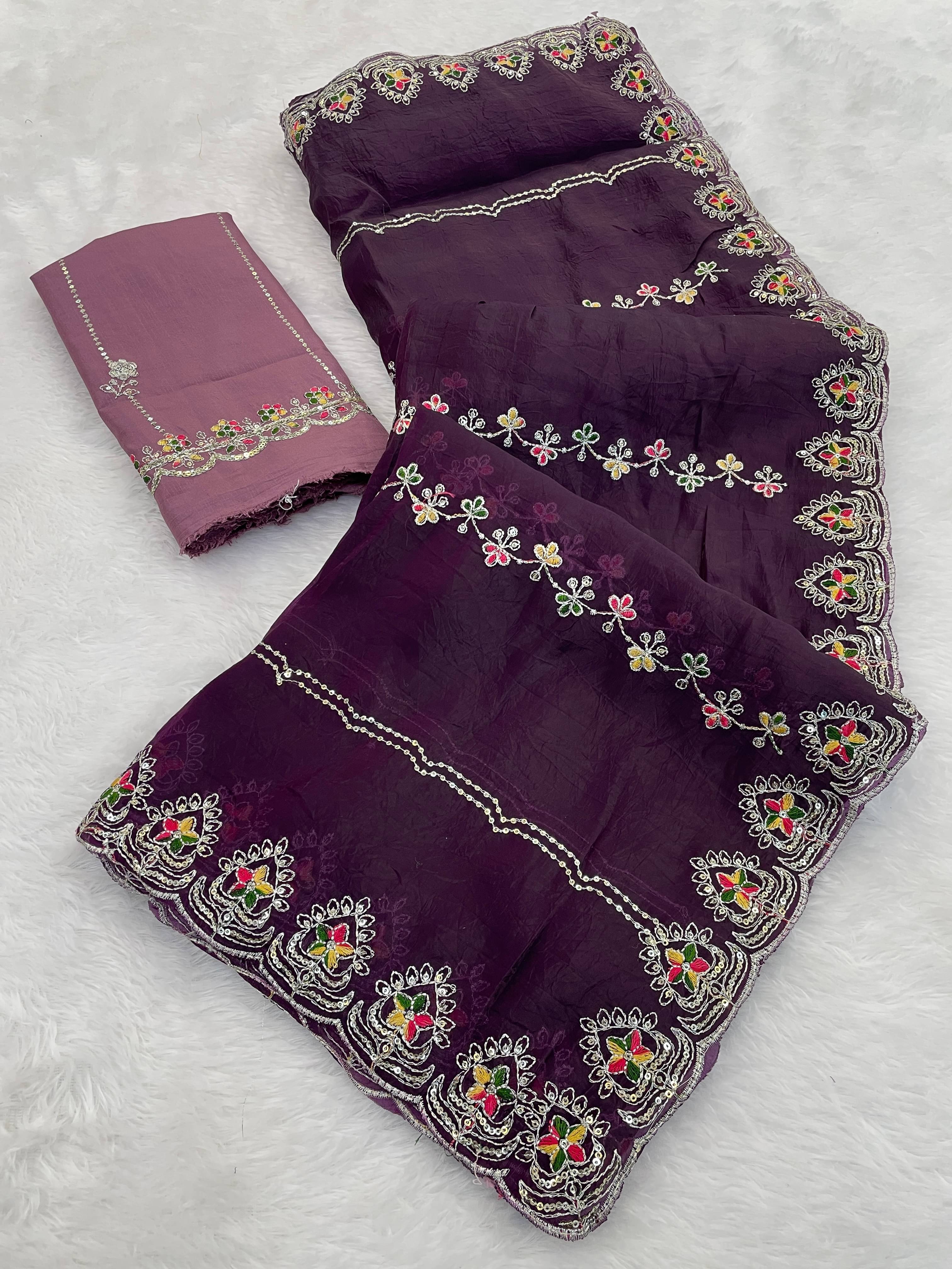     			Kandora Jimmy Choo Embroidered Regular Saree With Unstitched Blouse Piece ( Purple )