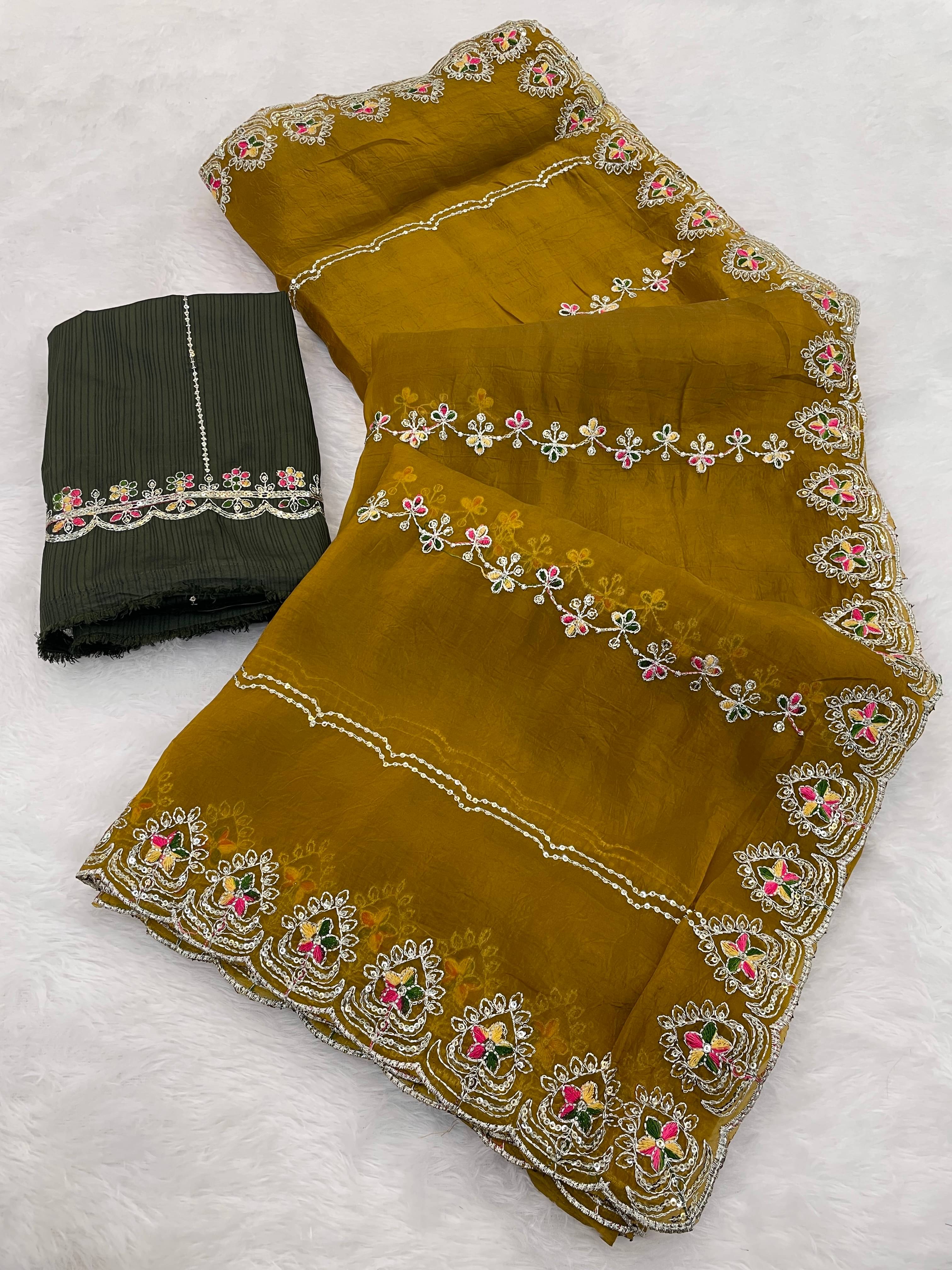     			Kandora Jimmy Choo Embroidered Regular Saree With Unstitched Blouse Piece ( Yellow )