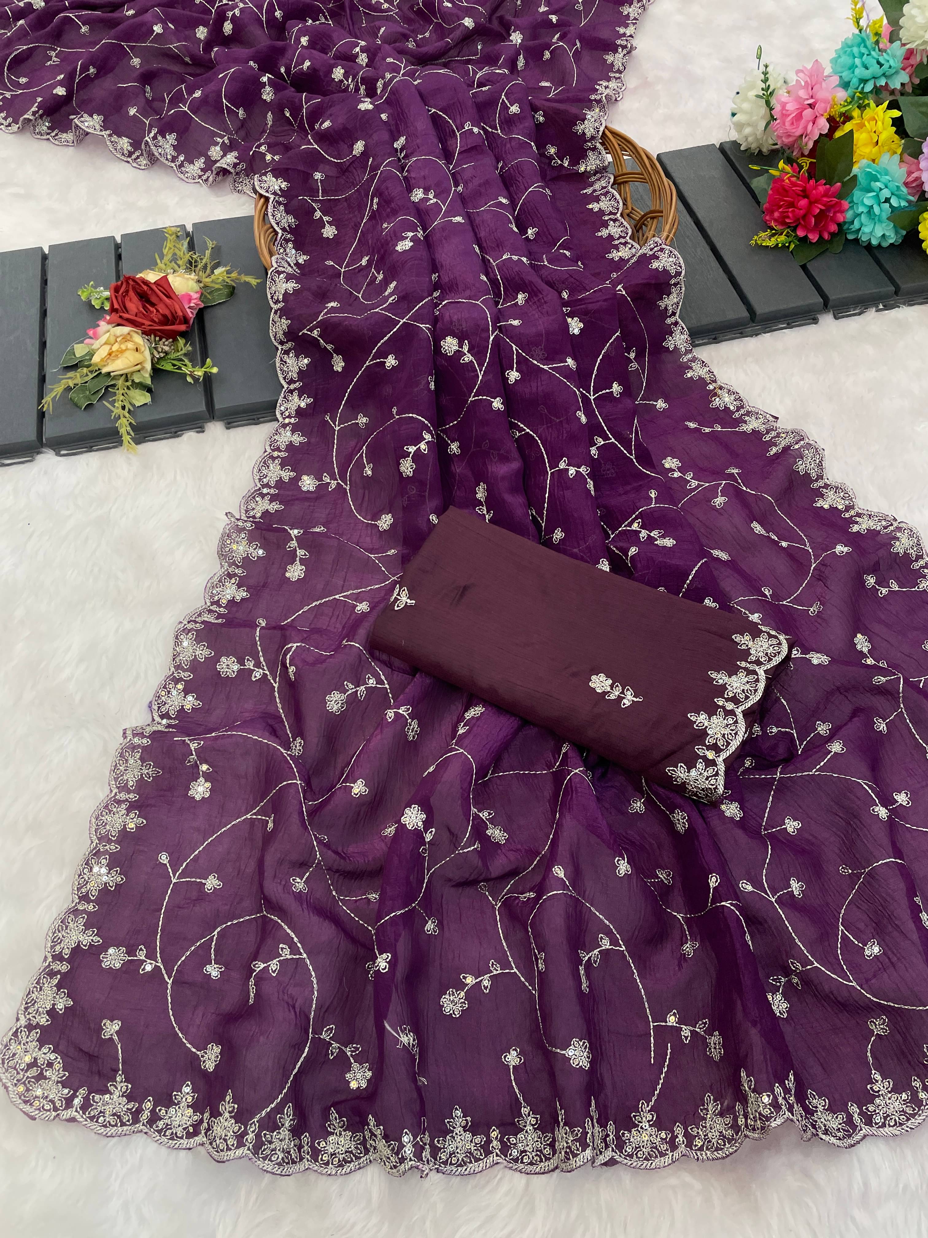 Kandora Jimmy Choo Embroidered Regular Saree With Unstitched Blouse Piece ( Purple ) Kandora Jimmy Choo Embroidered Regular Saree With Unstitched Blouse Piece ( Purple )