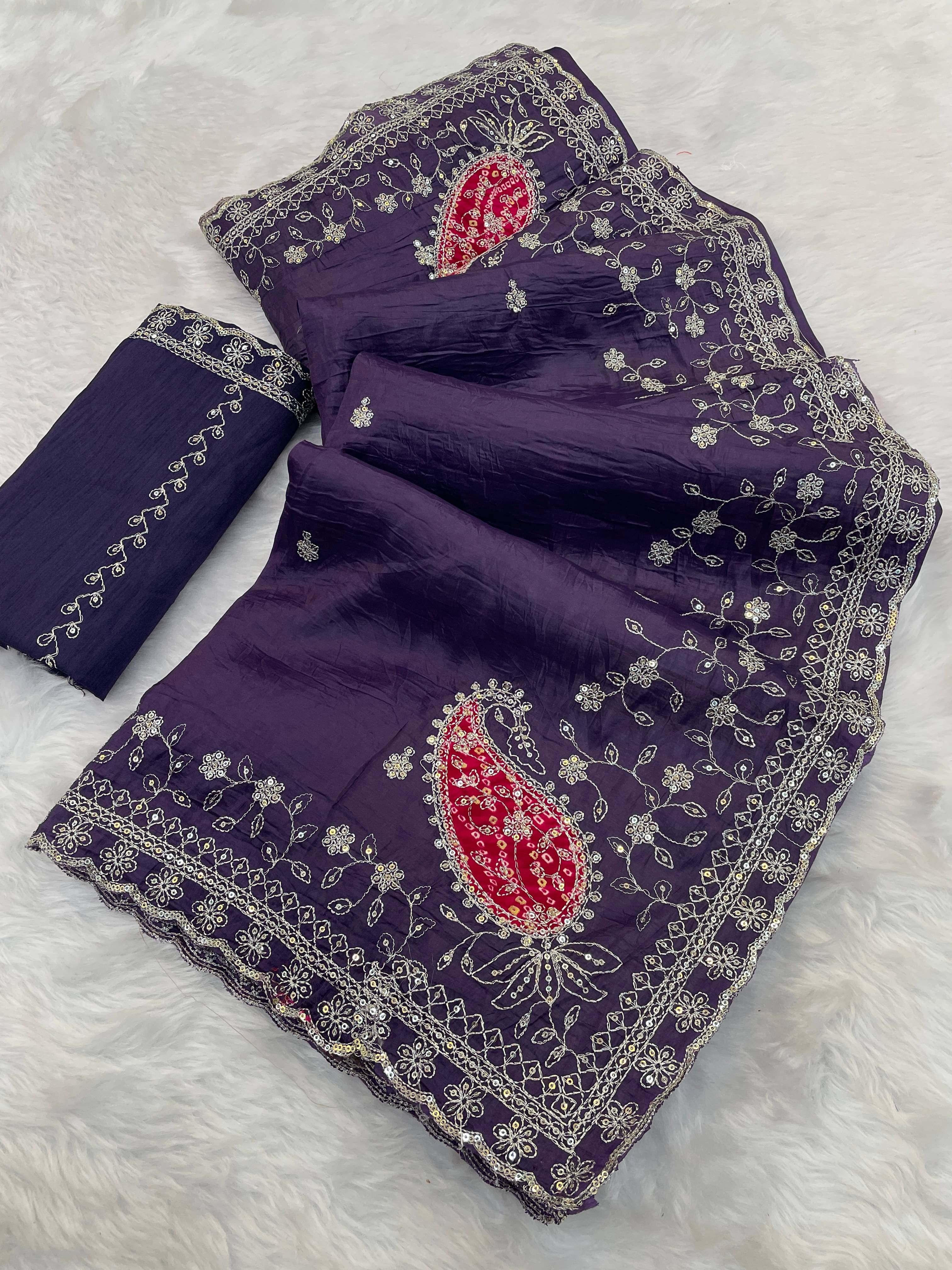     			Kandora Jimmy Choo Embroidered Regular Saree With Unstitched Blouse Piece ( Purple )