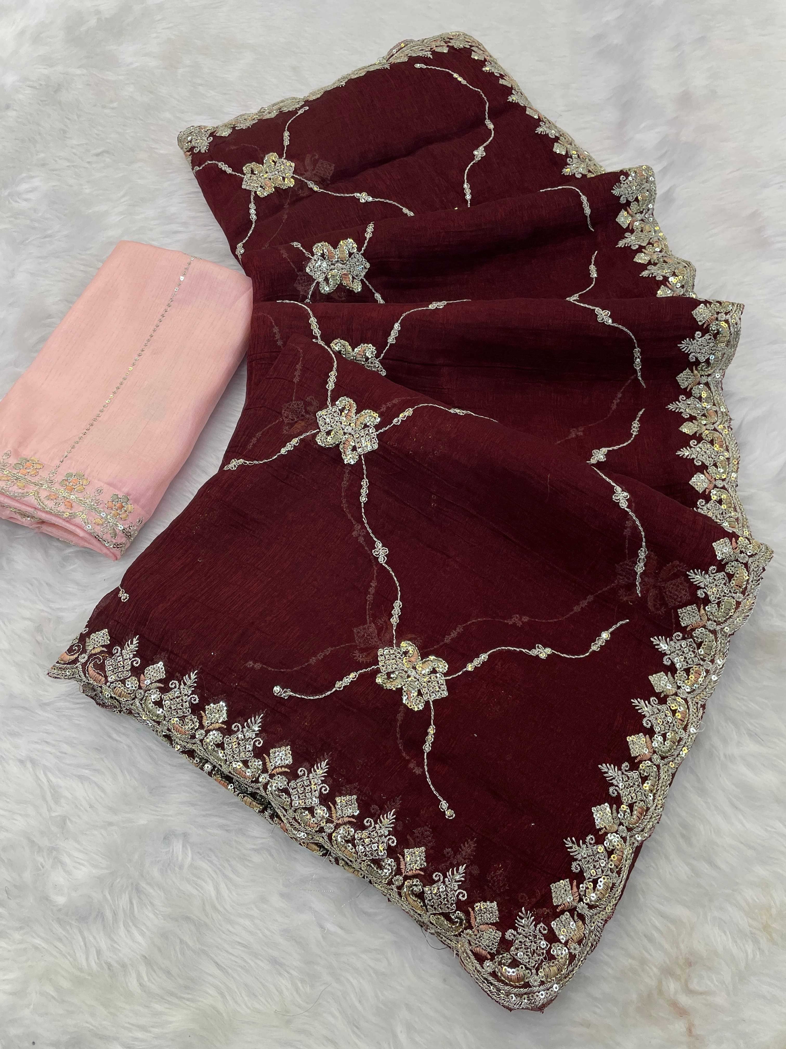 Kandora Jimmy Choo Embroidered Regular Saree With Unstitched Blouse Piece ( Maroon ) Kandora Jimmy Choo Embroidered Regular Saree With Unstitched Blouse Piece ( Maroon )