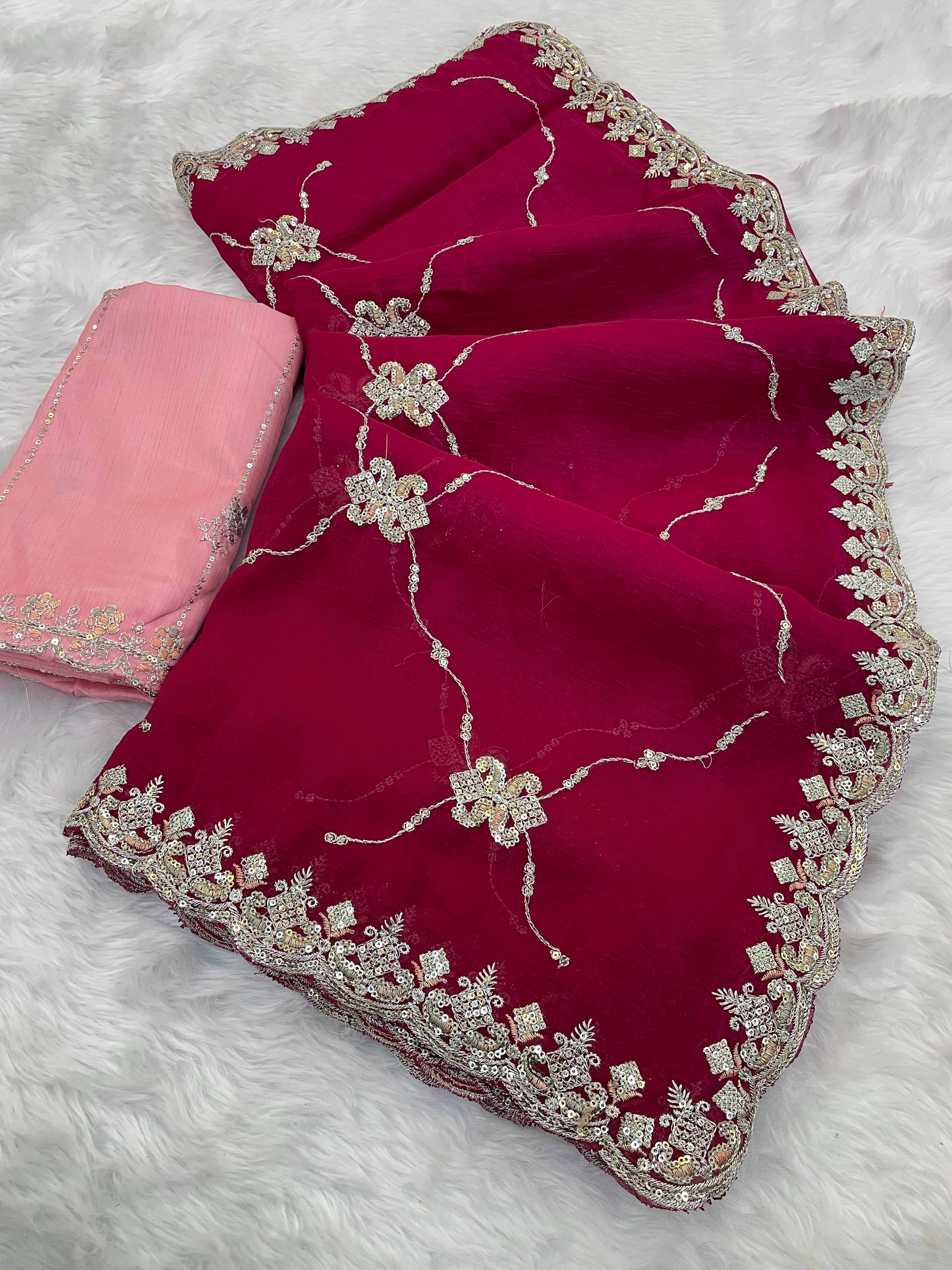     			Kandora Jimmy Choo Embroidered Regular Saree With Unstitched Blouse Piece ( Red )