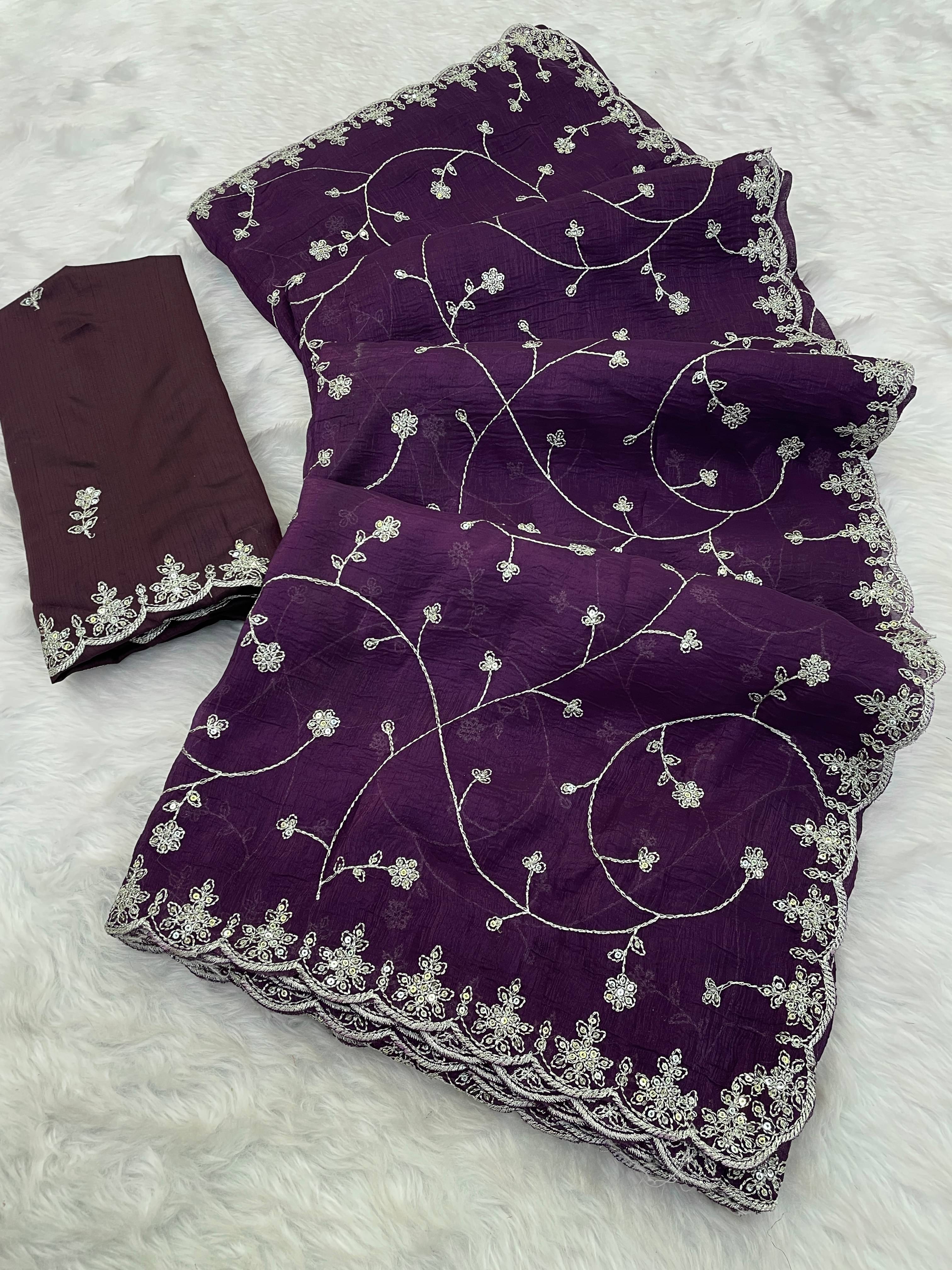 Kandora Jimmy Choo Embroidered Regular Saree With Unstitched Blouse Piece ( Purple ) Kandora Jimmy Choo Embroidered Regular Saree With Unstitched Blouse Piece ( Purple )