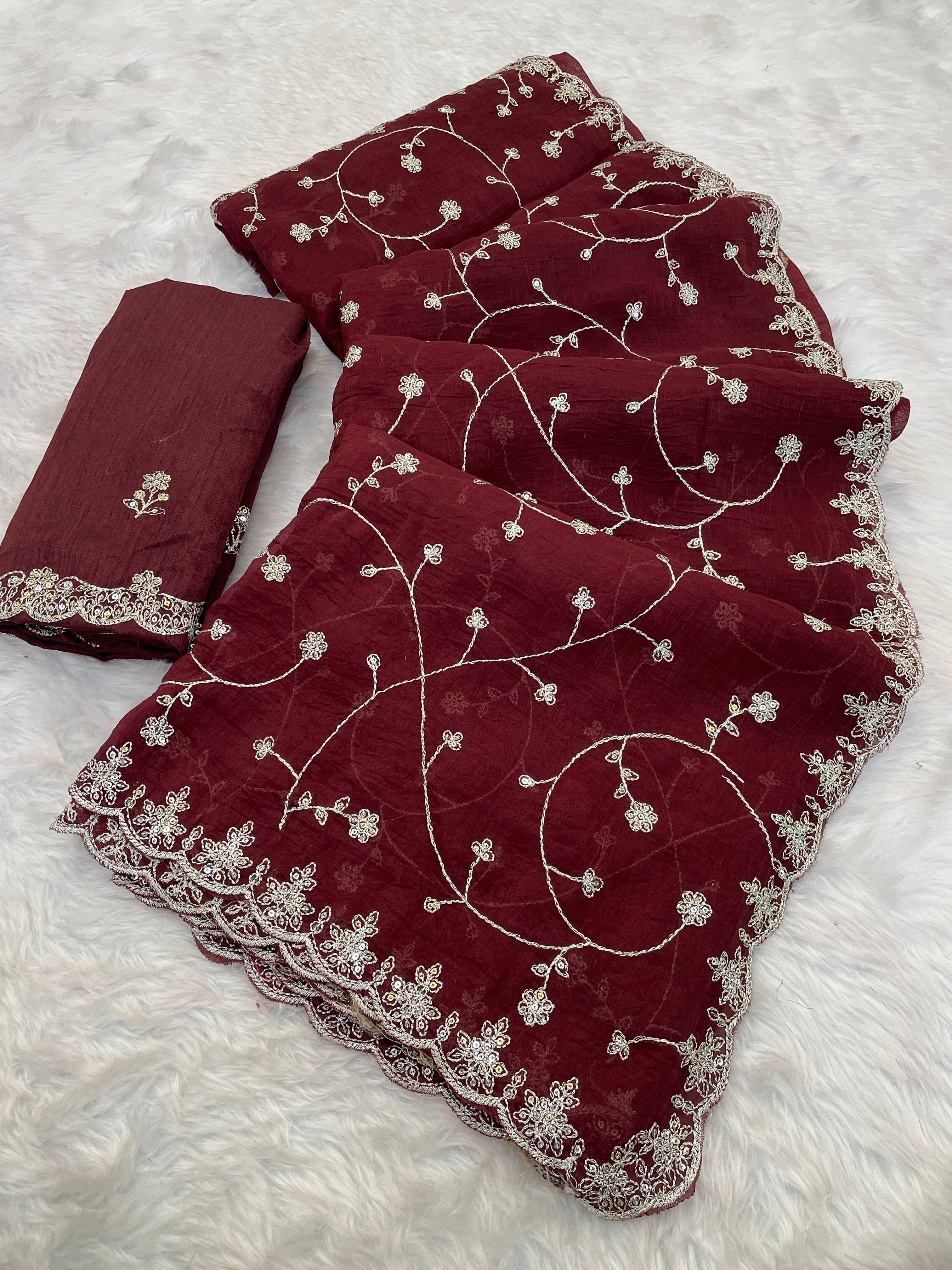     			Kandora Jimmy Choo Embroidered Regular Saree With Unstitched Blouse Piece ( Maroon )