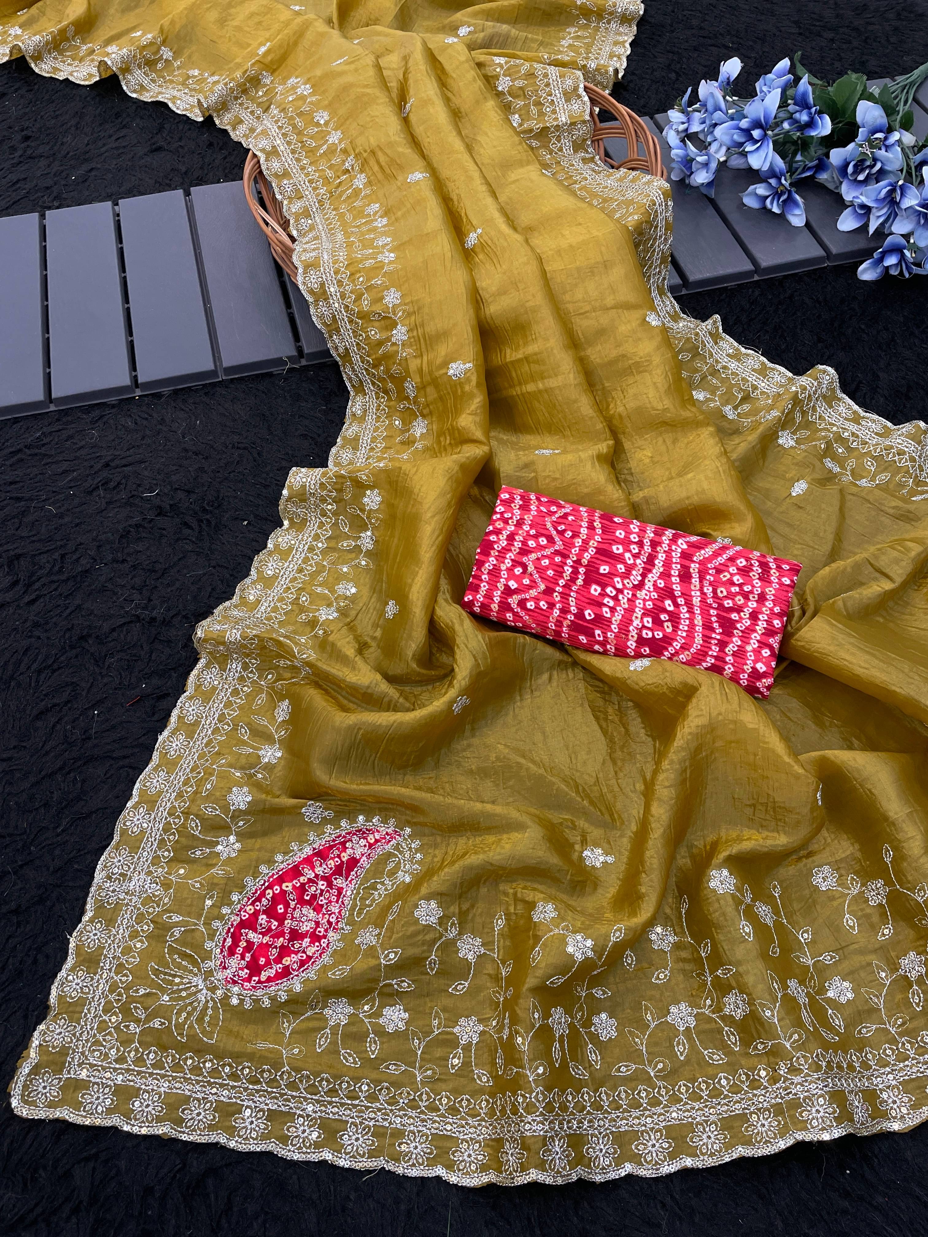 Kandora Jimmy Choo Embroidered Regular Saree With Unstitched Blouse Piece ( Yellow ) Kandora Jimmy Choo Embroidered Regular Saree With Unstitched Blouse Piece ( Yellow )