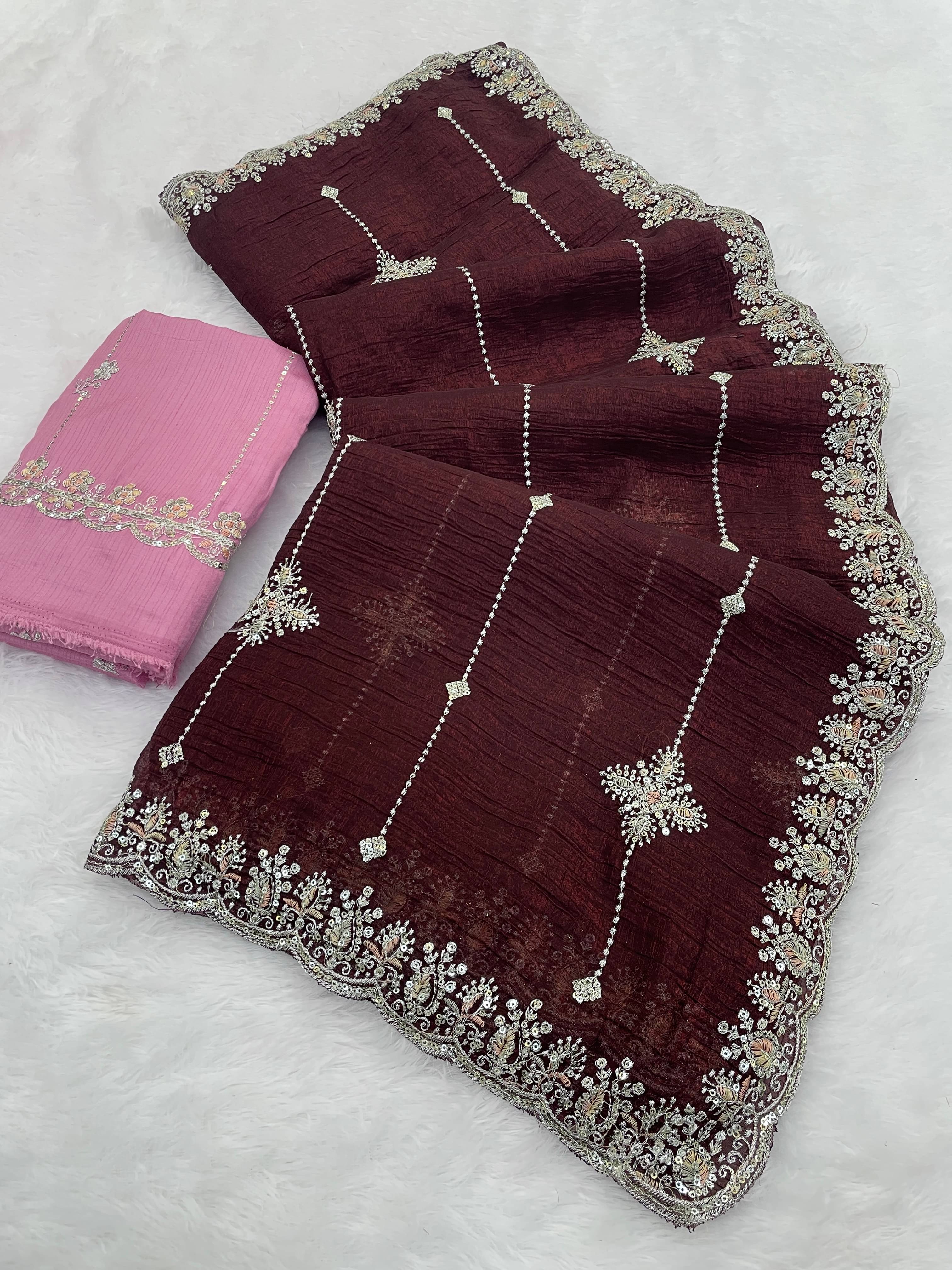 Kandora Jimmy Choo Embroidered Regular Saree With Unstitched Blouse Piece ( Brown ) Kandora Jimmy Choo Embroidered Regular Saree With Unstitched Blouse Piece ( Brown )